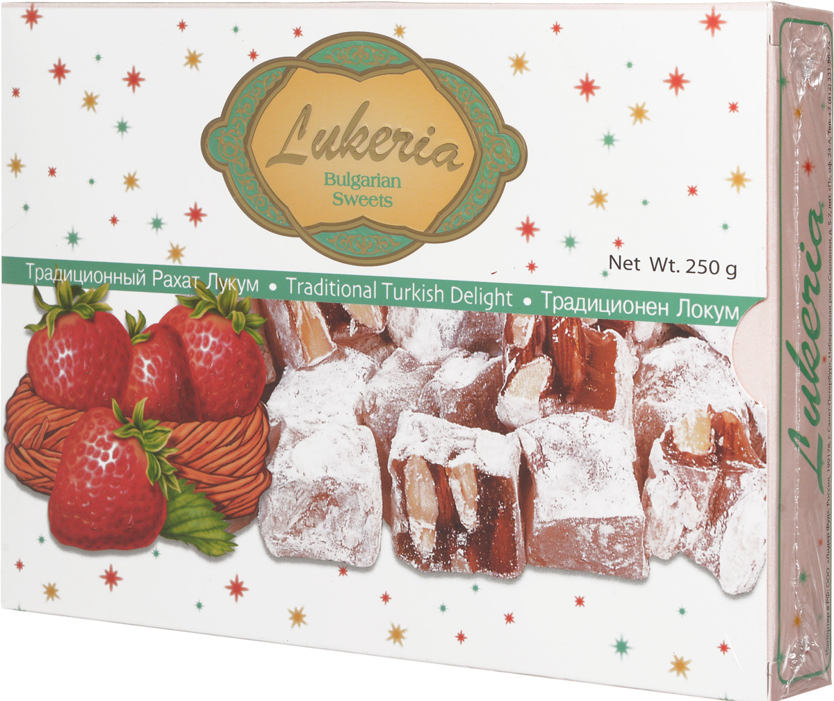 Lukeria Рахат-лукум с клубникой и миндалем, 250 гВ18006 Lukeria Рахат-лукум с клубникой и миндалем, 250 гВ18006История восточных сладостей насчитывает многие тысячелетия. Благодаря гурманам Ближнего и Среднего Востока во всем мире стали известны халва, нуга, пахлава и конечно, знаменитый рахат-лукум - уже сами эти названия содержат привкус восточных сказок. Отличало их также то, что восточные сладости можно было хранить в теплом климате, и они не теряли своей свежести и не портились. Экзотические лакомства далекого Востока в течение долгого времени были неизвестны европейцам. В Европе они появились примерно в XVII - XVIII веках, их подавали в самых богатых домах как изысканные деликатесы. Вскоре восточные сладости стали признаком тонкого вкуса.