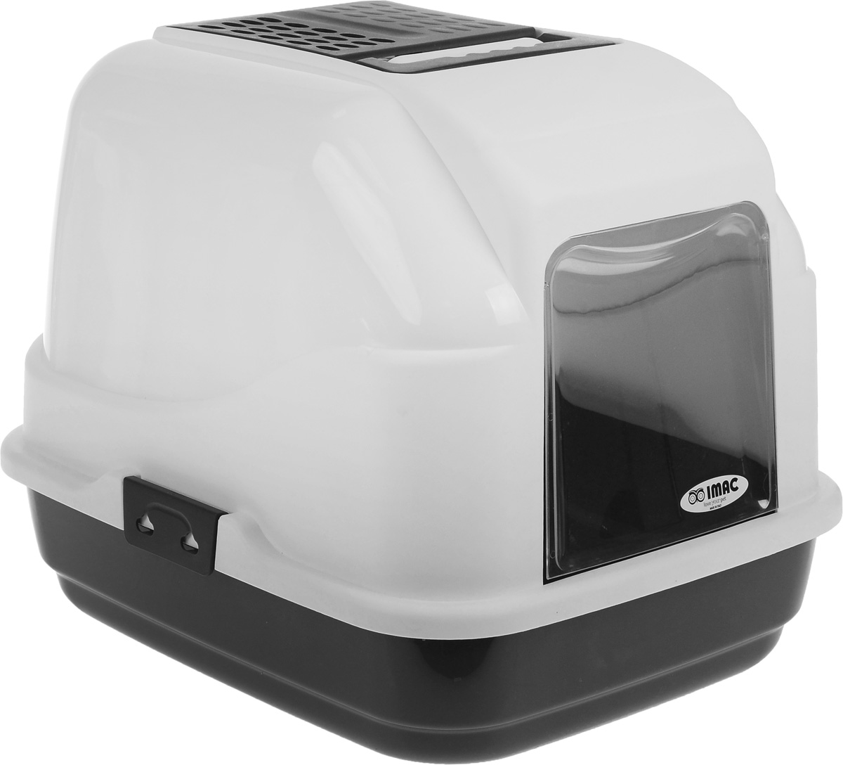 Туалет для кошек IMAC Easy Cat, закрытый, цвет: белый, черный, 50 х 40 х 40 см84091 Туалет для кошек IMAC Easy Cat, закрытый, цвет: белый, черный, 50 х 40 х 40 см84091Закрытый туалет для кошек IMAC Easy Cat выполнен из высококачественного пластика. Он довольно вместительный и напоминает домик. Туалет оснащен прозрачной открывающейся дверцей, сменным угольным фильтром, совком и удобной ручкой для переноски. Такой туалет избавит ваш дом от неприятного запаха и разбросанных повсюду частичек наполнителя. Кошка в таком туалете будет чувствовать себя увереннее, ведь в этом укромном уголке ее никто не увидит. Кроме того, яркий дизайн с легкостью впишется в интерьер вашего дома. Туалет легко открывается для чистки благодаря практичным защелкам по бокам.