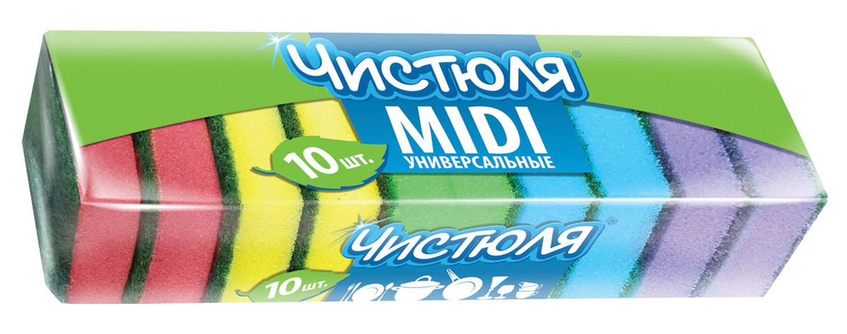 Губка для мытья посуды Чистюля Midi, с абразивным слоем, 54 х 79 х 27 мм, 10 штП0304 Губка для мытья посуды Чистюля Midi, с абразивным слоем, 54 х 79 х 27 мм, 10 штП0304Губка для мытья посуды Чистюля Midi имеет качественный жесткий абразив. Губка сохраняет хорошую форму в течение всего срока службы.
