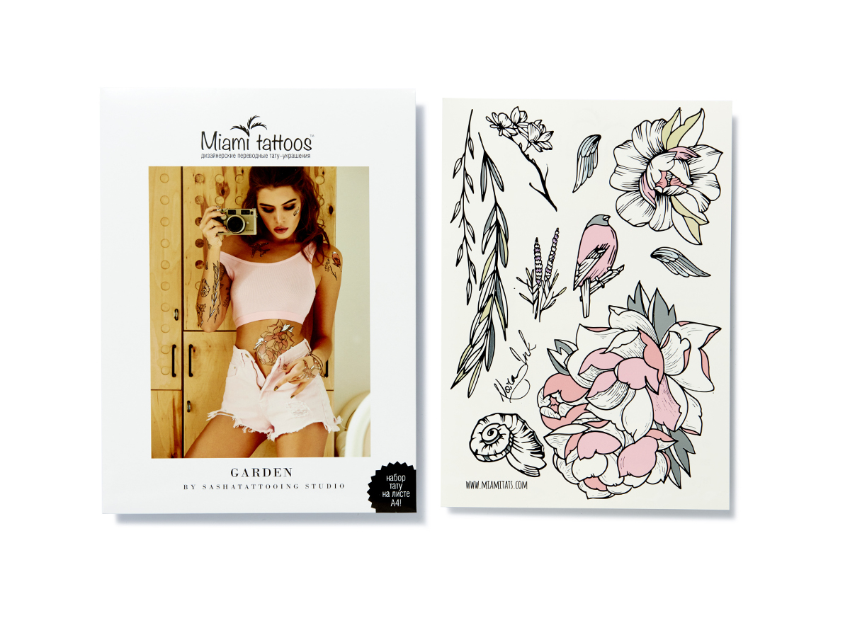 Miami Tattoos Переводные тату Garden by Nora Ink, 1 лист, 29,7 см х 21 смМТ0020 Miami Tattoos Переводные тату Garden by Nora Ink, 1 лист, 29,7 см х 21 смМТ0020Нора Инк - одна из татуировщиц известной тату-студии Sasha Tattooing Studio. Ее стиль - не только женственные и изящные цветы(особенно пионы), но и мистические фигуры. Начав рисовать набор для Miami Tattoos, она не смогла остановиться на одном эскизе, анарисовала сет из трех листов, которые сразу же стали бестселлерами.