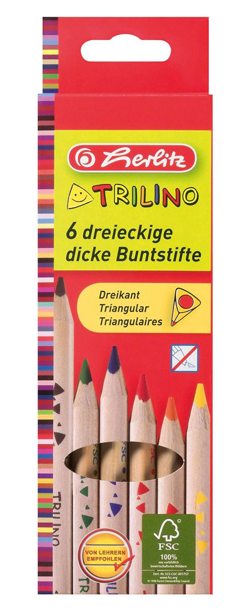 Herlitz Набор цветных карандашей Trilino 6 шт10103935 Herlitz Набор цветных карандашей Trilino 6 шт10103935Набор цветных карандашей Herlitz Trilino поможет создать чудные картины вашему юному художнику.Мягкий грифель легко рисует на бумаге и не царапает ее, устойчив к механическим деформациям и легко затачивается. Нежный неокрашенный трехгранный корпус изготовлен из натуральной древесины и обеспечивает максимальный уровень комфорта. В набор входят 6 ярких цветных карандашей. С таким набором карандашей от Herlitz будет интересно рисовать не только вашему малышу, но и вам.