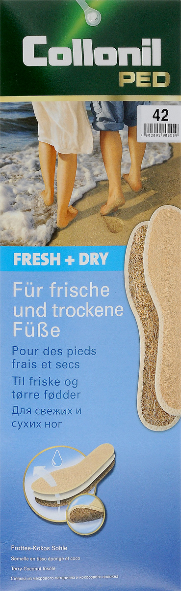 Стельки для обуви Collonil Fresh & Dry, 2 шт. Размер 429033 420 Стельки для обуви Collonil Fresh & Dry, 2 шт. Размер 429033 420Стельки для обуви Collonil Fresh & Dry выполнены из высококачественной хлопчатобумажной махровой ткани и воздушных кокосовых волокон. Такие стельки сохраняют ноги свежими и сухими. Идеальны для ношения на босую ногу.Количество: 2 шт.