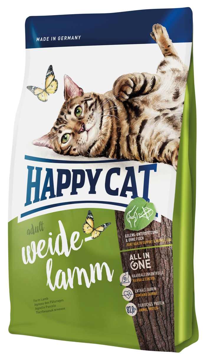 Корм сухой Happy Cat Adult для кошек с чувствительным пищеварением, пастбищный ягненок, 300 г70187 Корм сухой Happy Cat Adult для кошек с чувствительным пищеварением, пастбищный ягненок, 300 г70187Happy Cat Adult - специальный корм для кошек, имеющих доступ на улицу и тех которые активны дома. Он оптимально обеспечивает кошку всеми необходимыми питательными веществами, после обстоятельной ревизии своей территории. Корм предоставляет маленькому искателю приключений все ценные ингредиенты. Состав: птица (21,0%), рисовая мука, кукурузная мука, птичий жир, мясопродукты, кукуруза, ягненок (8%), картофельные хлопья, клетчатка, свекольная пульпа, сухое цельное яйцо, хлорид натрия, дрожжи, яблочная пульпа (0,4%), хлорид калия, морские водоросли (0,2%), семя льна (0,2%), новозеландский моллюск (0,04%), корень цикория (0,04%), дрожжи (экстрагированные), расторопша, артишок, одуванчик, имбирь, березовый лист, крапива, ромашка, кориандр, розмарин, шалфей, корень солодки, тимьян (общий объем сухих трав: 0,17%).Аналитический состав: сырой протеин 32,0%, сырой жир 18,0%, сырая клетчатка 3,0%, сырая зола 7,0%, кальций 1,4%, фосфор 0,9%, натрий 0,4%, калий 0,45%, магний 0,65%, омега - 6 жирные кислоты 0,08%, омега - 3 жирные кислоты 2,8%.Витамины/кг: витамин A (3а672а) 18000 МE, витамин D3 1800 МЕ, витамин E (альфа-токоферол 3a700) 100 мг, витамин B1 (тиаминмононитрат 3a821) 5 мг, витамин B2 (рибофлавин) 6 мг, витамин B6 (пиридоксин-гидрохлорид 3a831) 4 мг, D(+) биотин (3a880) 700 мкг, кальция-D-пантотенат 12 мг, ниацин 45 мг, витамин B12 75 мкг, холинхлорид 75 мг. Антиоксиданты: натуральные экстракты с высоким содержанием токоферола. Микроэлементы/кг: железо 120 мг (сульфат железа (II)), медь 12 мг (сульфат меди (II)), цинк 150 мг (оксид цинка), марганец 30 мг (оксид марганца (II)), йод 2,5 мг (йодат кальция 3b202), селен 0,2 мг (селенит натрия). Аминокислоты / кг: DL-метионин: 4400 мг. таурин (3a370) 1000 мг.Товар сертифицирован.