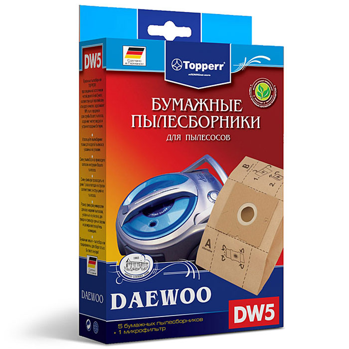 Topperr DW 5 фильтр для пылесосов Daewoo, 5 шт1004 Topperr DW 5 фильтр для пылесосов Daewoo, 5 шт1004Бумажные пылесборники DW5 для пылесосов DAEWOO изготовлены из экологически чистой двухслойной бумаги, соответствующей европейскому стандарту качества, задерживают 99% пыли, продлевая срок службы пылесоса, сохраняют чистоту воздуха и устраняют вредные бактерии.Модели и серии пылесосов:Daewoo: RC-8200, RC-8500 S, RC-8600, RC-2006, RC-2500, RC-6016, RC 1504, RC 1650, RC 3504, RC-5001, RC-5002, RC-6001, RC-6002, RCP-1000, RC 103, RC 105, RC 106, RC 107, RC 108, RC 109, RC 110, RC 160, RC 161, RC 170, RC 171, RC 172, RC 173, RC 190, RC 191, RC 192, RC 193, RC 202, RC 205, RC 208, RC 209, RC 210, RC 405, RC 406, RC 407, RC 450, RC 505, RC 550, RC 605, RC 606, RC 607, RC 608, RC 609, RC 705, RC 707, RC 7006, VC 6714, VC 7114, Compakt, Koala