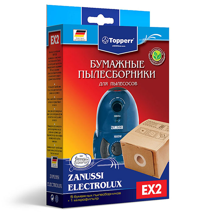 Topperr EX 2 фильтр для пылесосов AEG, Electrolux, Thomas, Zanussi, 5 шт1011 Topperr EX 2 фильтр для пылесосов AEG, Electrolux, Thomas, Zanussi, 5 шт1011Бумажные пылесборники EX 2 для пылесосов AEG, Electrolux, Thomas, Zanussi изготовлены из экологически чистой трехслойной бумаги, соответствующей европейскому стандарту качества, задерживают 99% пыли, продлевая срок службы пылесоса, сохраняют чистоту воздуха и устраняют вредные бактерии.Модели и серии пылесосов:AEG: Vampyrino: 100-199, 920, Car&Clean, Colore, E, EC, LX, RX, S, SX, Oko, Ecotec, Space; Vampyr: 1500-1905, 2002.1, 2300, 41.., 5000-5999, CE 700, CE 950 Ecotec, CE 100-999, CE 1700.0, CE 1800 Comfort, CE 2000-2999, CE 4100-4199, CE 42.., 5.1700, CE Azuro, CE JubileeElectrolux: XIO Z 1010 – Z 1037; Boss Z 1015, Z 1035; Boss Plus Z 1025; Mega Boss Z 1037, Z 1035; Tango Z 5001; Samba Z 5002; Bolero Z 5003; Filio Z 1905; Filio Chrom Z 2940; Filio Plus Z 2950Thomas: Pico electronic; Comfort electronicZanussi: ZAN 2300-ZAN 2311, ZAN 2240-ZAN 2270, ZAN 3425-ZAN 3435, ZAN 3712, ZAN 4415, ZAN 5000
