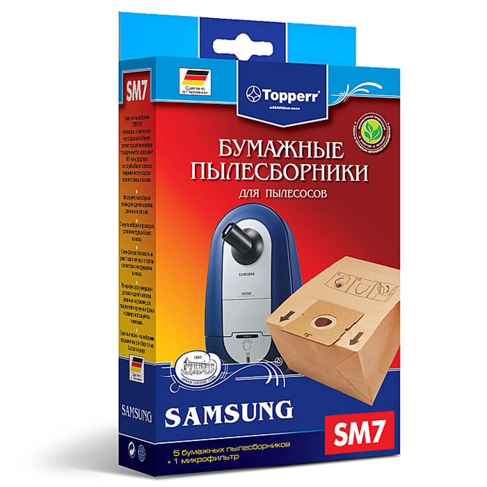 Topperr SM 7 фильтр для пылесосов Samsung, 5 шт1031 Topperr SM 7 фильтр для пылесосов Samsung, 5 шт1031Бумажные пылесборники Topperr SM 7 для пылесосов Samsung изготовлены из экологически чистой двухслойной бумаги, соответствующей европейскому стандарту качества, задерживают 99% пыли, продлевая срок службы пылесоса, сохраняют чистоту воздуха и устраняют вредные бактерии.Модели и серии пылесосов:Samsung: SC12.., SC 14.., SC 40.., SC 41.., SC 56.., SC 61.., SC 62.., SC 63.., SC 78.., SC 79.., SC 83.., VC 10.., VC 50.., VC 54.., VC 55.., VC 60.., VC 74.., VC 75.., VC 76.., VC 77.., VC 88.., VC 89.., VC 90.., VC 99