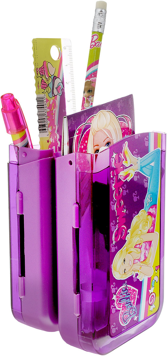 Набор канцелярский Barbie, 7 предметовBRCB-US1-75409-H Набор канцелярский Barbie, 7 предметовBRCB-US1-75409-HКанцелярский набор Barbie в подарочном пакете с кольцом станет замечательным подарком для любой школьницы. Набор включает в себя карандаш ч/г с ластиком, пенал пластиковый складной, линейка прозрачная 15 см, ручка автоматическая, точилка малая в виде сердечка, блокнот клеевой, ластик прямоугольный (обернутый бумагой). Обложка блокнота выполнена из плотного картона и оформлена изображением Барби.Набор канцелярских принадлежностей - стильные и незаменимые аксессуары на каждый день!