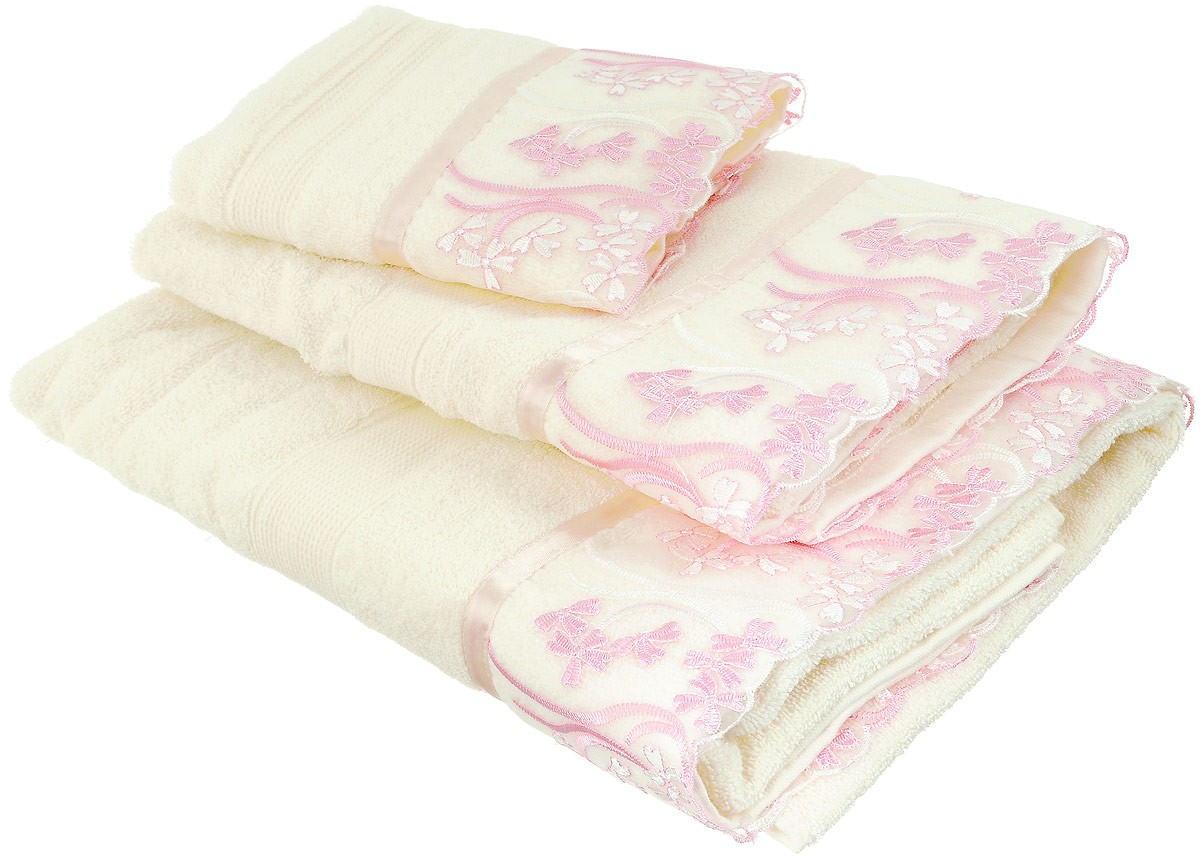 Набор хлопковых полотенец Home Textile Нежность, цвет: кремовый, розовый, 3 штLX-OZ01 Набор хлопковых полотенец Home Textile Нежность, цвет: кремовый, розовый, 3 штLX-OZ01Набор Home Textile Нежность состоит из трех полотенец разного размера, выполненных из качественной натуральной махры (100% хлопок). Полотенца оформлены капроновой вставкой свышивкой. Мягкие и уютные, они прекрасно впитывают влагу и легко стираются. Кроме того, хлопковые полотенца отличаются высокой износоустойчивостью и долгим сроком службы. Такой набор полотенец подарит массу положительных эмоций и приятных ощущений.