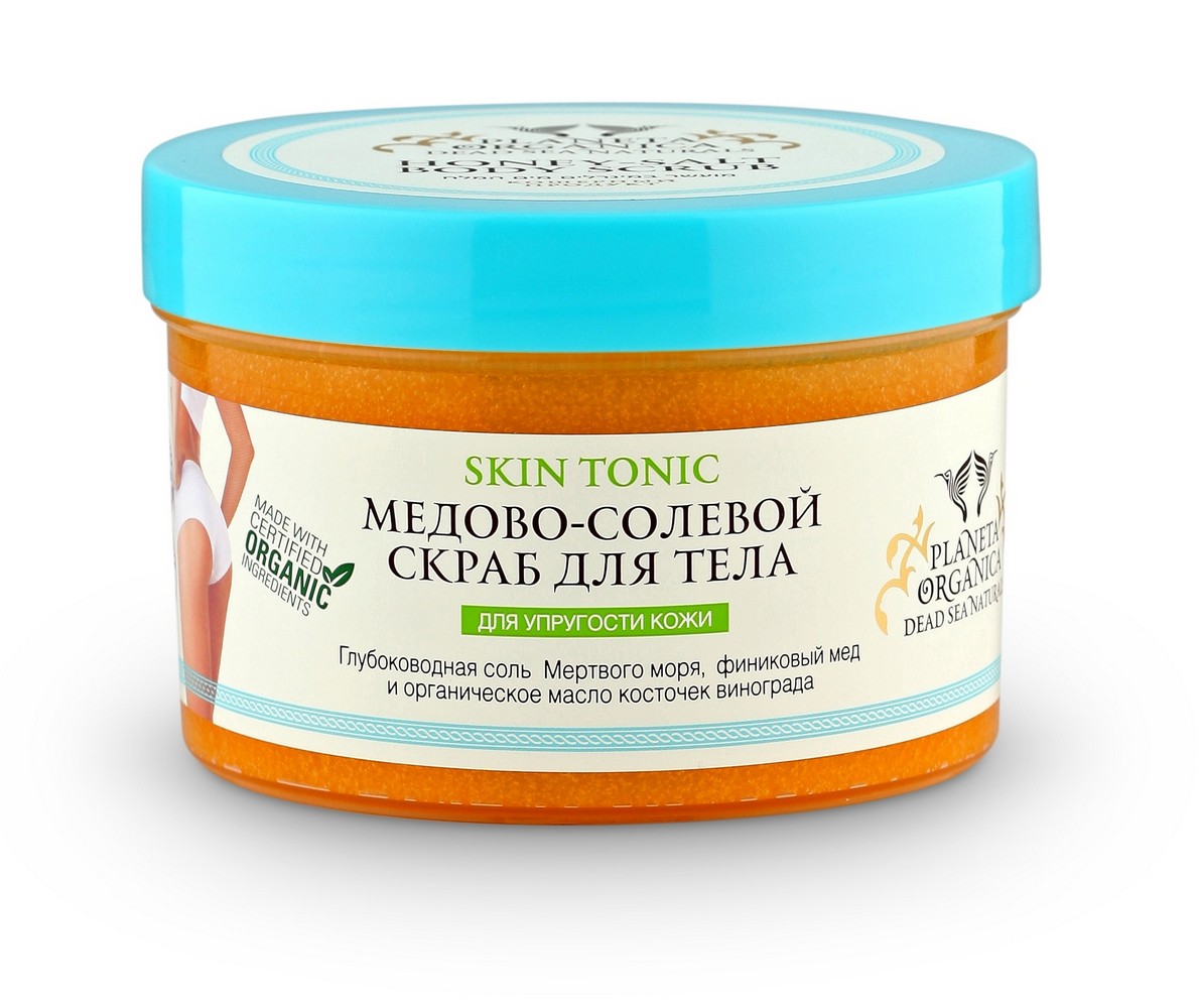 Planeta organica Dead sea naturals, Скраб медово-солевой для тела, 300 мл071-02-4166 Planeta organica Dead sea naturals, Скраб медово-солевой для тела, 300 мл071-02-4166Сертифицированные органические компоненты скраба способствуют мягкому и бережному очищению кожи, омолаживают её и придают упругость, значительно улучшают контуры тела, делая фигуру более подтянутой и стройной.Органическое масло виноградных косточек обеспечивает клетки необходимым питанием, восстанавливает структуру кожи, разглаживает её и придаёт бархатистость. Финиковый мёд увлажняет кожу, смягчает её, придает гладкость и шелковистость.