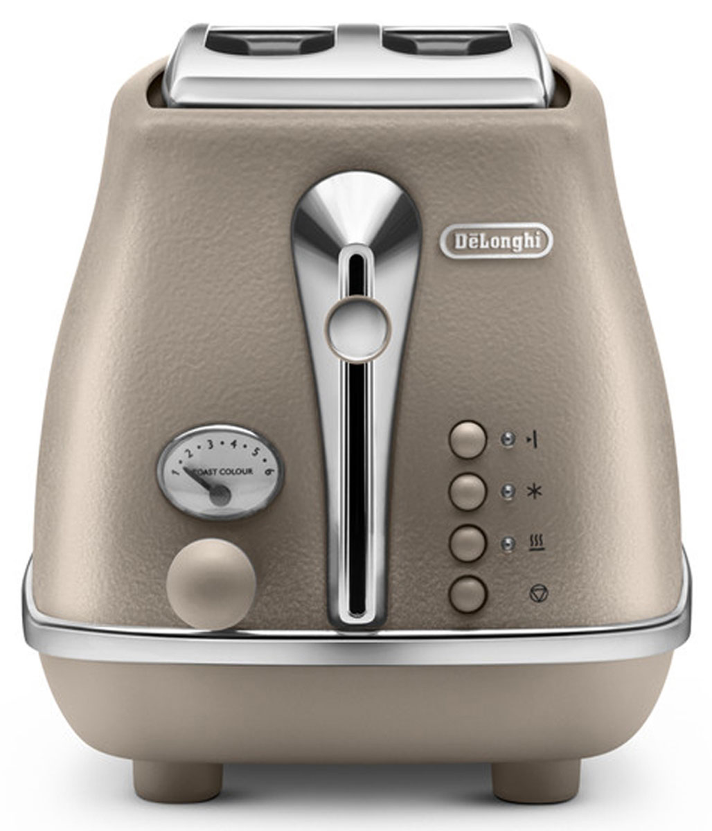 DeLonghi Icona Elements CTOE2103.BG, Beige тостер0230120025 DeLonghi Icona Elements CTOE2103.BG, Beige тостер0230120025Корпус придает внешнему виду тостера DeLonghi CTOE2103 строгость и в то же время особый шик. Хромированная отделка смотрится оригинально и гармонично. Кнопки управления имеют неоновую подсветку, так что в темное время суток вы без проблем сможете им управлять. Тостер выполнен в классическом стиле, который придется по душе людям с изысканным вкусом.Тостер DeLonghi CTOE2103 делает хрустящие гренки благодаря инфракрасному излучению от спиралей, находящихся внутри корпуса. Прибор работает на мощности 900 Вт, что делает его работу быстрой и результативной. Горячие тосты будут готовы всего за несколько минут. С первого взгляда может показаться, что тостер - это простое устройство лишь для поджаривания ломтиков хлеба. Но это не так! Функциональные возможности прибора намного шире. Функция подогрева пригодится вам для остывших тостов. Функция размораживания - для хлеба из морозильной камеры. Функция односторонний подогрев дает возможность и разогреть уже готовые хлебцы, и сделать поджаривание тоста лишь с одной стороны. Функция отмены позволяет закончить работу тостера в любой момент, когда вы посчитаете нужным. Цена тостера довольно приемлема, учитывая, что вы приобретаете устройство, в котором так много различных дополнительных возможностей.Вы можете оценить выбор степени прожарки тостов из шести вариантов. Слегка подрумяненный или максимально прожаренный хлеб - вы можете выбрать степень нагрева легким поворотом ручки управления. Благодаря этой функциональной особенность решается вопрос разных вкусовых предпочтений. Ведь теперь каждый член вашей семьи может приготовить тост по своему вкусу.