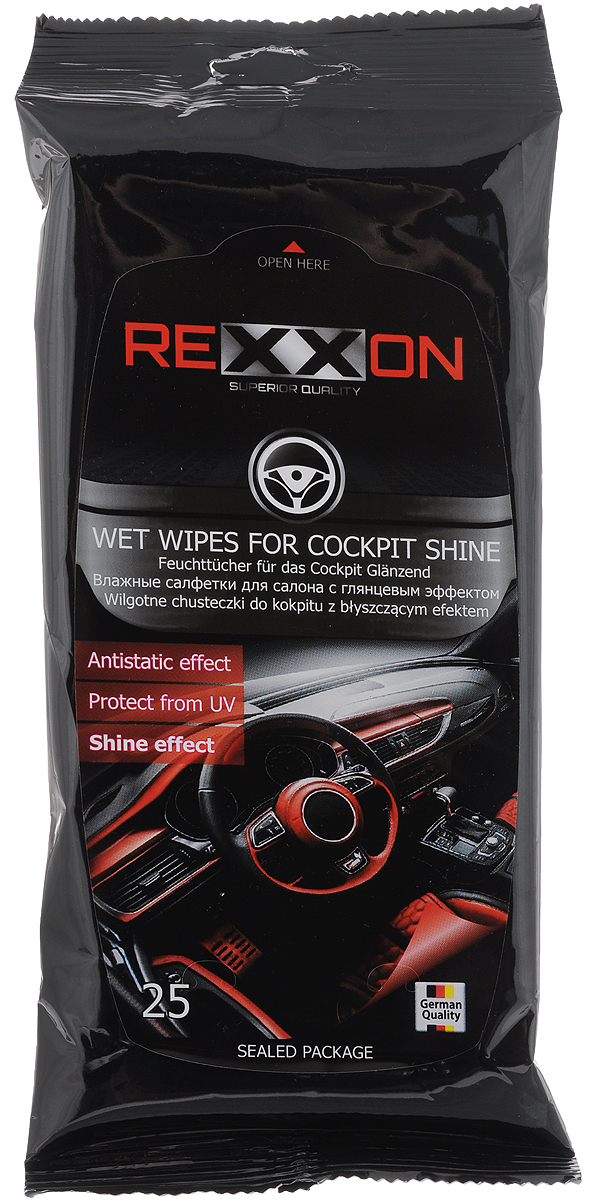 Салфетки влажные Rexxon, для салона автомобиля, с глянцевым эффектом, 25 шт2-1-1-2G-1 Салфетки влажные Rexxon, для салона автомобиля, с глянцевым эффектом, 25 шт2-1-1-2G-1Влажные салфетки Rexxon предназначены для ухода за интерьером автомобиля с глянцевым эффектом. Эффективно очищают поверхность, защищают от вредного воздействия солнечных лучей, замедляют процесс износа пластика, задерживают оседание пыли. Не оставляют следов. Состав: нетканое полотно, пропитывающий лосьон. Состав пропитывающего лосьона: деминерализованная вода, пропиленгликоль, ПАВ (менее 5%), консервант, отдушка (парфюмерная композиция менее 5%), ЭДТА.Товар сертифицирован.
