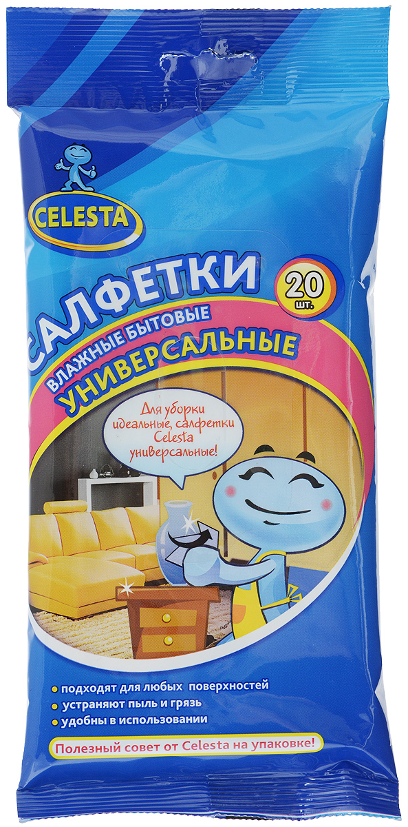 Салфетки влажные Celesta, универсальные, 20 шт12102 Салфетки влажные Celesta, универсальные, 20 шт12102Влажные бытовые салфетки Celesta идеально подходят для быстрой уборки вдоме, удобны в применении. Предназначены для очистки пластиковых идеревянных поверхностей, пола, бытовых предметов, кухни. Благодаряспециальной формуле пропитки, не оставляют разводов, ворсинок, помогаютизбавиться от пыли и различных загрязнений. Пропитывающий состав безопасендля кожи рук. Состав: нетканое полотно, пропитывающий лосьон.Товар сертифицирован.