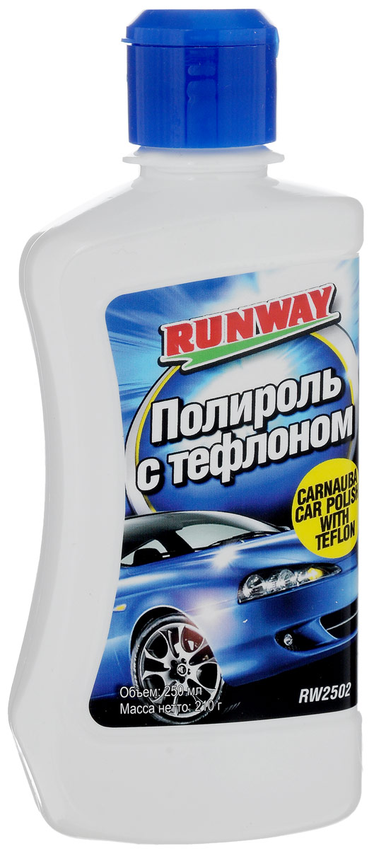 Полироль с тефлоном Runway, 250 млRW2502 Полироль с тефлоном Runway, 250 млRW2502Созданная на основе чистейшего воска карнаубы и тефлона, полироль Runway сохраняет блеск и держится дольше других полиролей. Эффективно очищает, полирует и защищает лакокрасочные и хромированные поверхности кузова автомобиля. Придает блеск потускневшим элементам кузова, удаляет небольшие загрязнения и следы подтеков после мытья автомобиля. Благодаря высокому содержанию тефлона надежно защищает поверхность автомобиля от погодных воздействий, дорожной грязи и ультрафиолетового излучения. Не содержит абразивов.Товар сертифицирован.