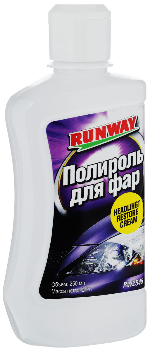 Полироль для фар Runway, 250 млRW2545 Полироль для фар Runway, 250 млRW2545Высококачественная абразивная полироль Runway предназначена для фар головного света, задних фонарей. Эффективно удаляет мелкие и средние царапины, помутнения и загрязнения, возникающие в процессе эксплуатации на пластиковых фарах автомобиля. Восстанавливает прозрачность фар за 5 минут. Также может использоваться для реставрации пластмассовых поверхностей, акриловых лакокрасочных покрытий, а также изделий из плексигласа. Может использоваться для ручной и машинной полировки. Не содержит силикона.Товар сертифицирован.