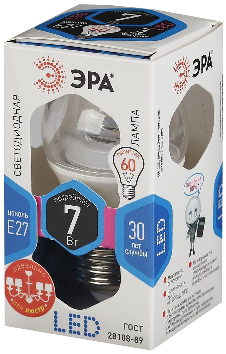 Лампа светодиодная ЭРА Clear, цоколь E27, 170-265V, 7W, 4000К. P45-7w-840-E27-Clear5055945541304 Лампа светодиодная ЭРА Clear, цоколь E27, 170-265V, 7W, 4000К. P45-7w-840-E27-Clear5055945541304Светодиодная лампа ЭРА Clear является самым перспективным источником света. Основным преимуществом данного источника света является длительный срок службы и очень низкое энергопотребление, так, например, по сравнению с обычной лампой накаливания светодиодная лампа служит в среднем в 50 раз дольше и потребляет в 10-15 раз меньше электроэнергии. При этом светодиодная лампа практически не подвержена механическому воздействию из-за прочной конструкции и позволяет получить любой цвет светового потока, что, несомненно, расширяет возможности применения и позволяет создавать новые решения в области освещения.Светодиодная лампа серии Clear предназначена для хрустальных люстр. При их использовании хрусталь играет под яркими лучами. Угол рассеивания светового потока 270 градусов. Совместима с выключателями с подсветкой.