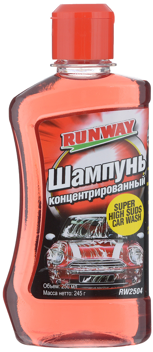 Шампунь концентрированный Runway, 250 млRW2504 Шампунь концентрированный Runway, 250 млRW2504Специальный, суперконцентрированный шампунь Runway предназначен для мытья автомобиля. Разводится с водой в соотношении 1:320. Быстро удаляет дорожный налет, масляные и прочие загрязнения с поверхности кузова автомобиля. Не оставляет разводов после мытья. Безопасен для лакокрасочного покрытия. Хорошо растворяется как в теплой, так и в холодной воде. Не содержит фосфатов. Имеет приятный вишневый запах.Товар сертифицирован.