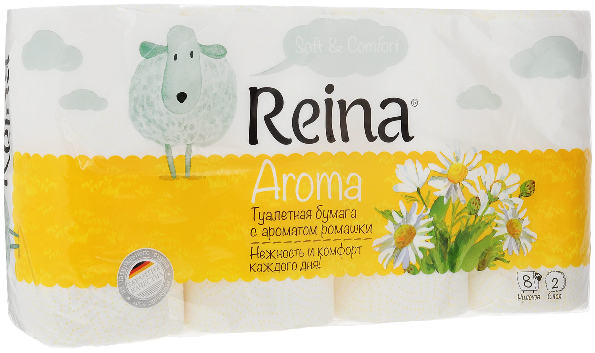 Бумага туалетная Reina Aroma Ромашка, ароматизированная, двухслойная, 8 рулонов77 Бумага туалетная Reina Aroma Ромашка, ароматизированная, двухслойная, 8 рулонов77Ароматизированная туалетная бумага Reina Aroma Персик выполнена из натуральной целлюлозы и обладает приятным ароматом ромашки. Двухслойная туалетная бумага мягкая, нежная, но в тоже время прочная. Листы имеют рисунок с перфорацией. Длина рулона: 18 м.Количество листов: 156 шт.Количество слоев: 2.Размер листа: 11,5 х 9,4 см.Состав: 100% целлюлоза.