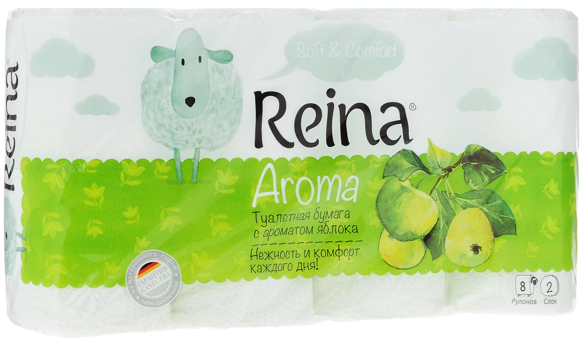 Бумага туалетная Peina Aroma. Яблоко, ароматизированная, двухслойная, 8 рулонов60 Бумага туалетная Peina Aroma. Яблоко, ароматизированная, двухслойная, 8 рулонов60Ароматизированная туалетная бумага Reina Aroma Яблоко выполнена из натуральной целлюлозы и обладает приятным ароматом яблока. Двухслойная туалетная бумага мягкая, нежная, но в тоже время прочная. Листы имеют рисунок с перфорацией. Длина рулона: 18 м.Количество листов: 156 шт.Количество слоев: 2.Размер листа: 11,5 х 9,4 см.Состав: 100% целлюлоза.