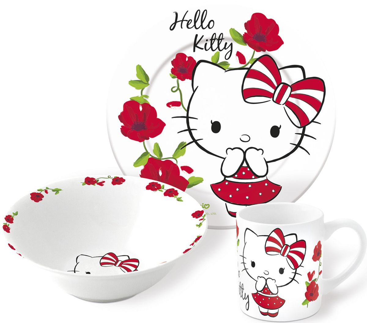 Hello Kitty Набор детской посуды 3 предмета46265 Hello Kitty Набор детской посуды 3 предмета46265Набор детской посуды Hello Kitty состоит из кружки и двух тарелок, изготовленных из ударопрочной керамики. Предметы набора оформлены изображением кошечки Hello Kitty. Такой набор привлечет внимание вашего ребенка и не позволит ему скучать. Яркий дизайн посуды превратит прием пищи ребенка в увлекательное занятие.Предметы набора можно мыть в посудомоечной машине.