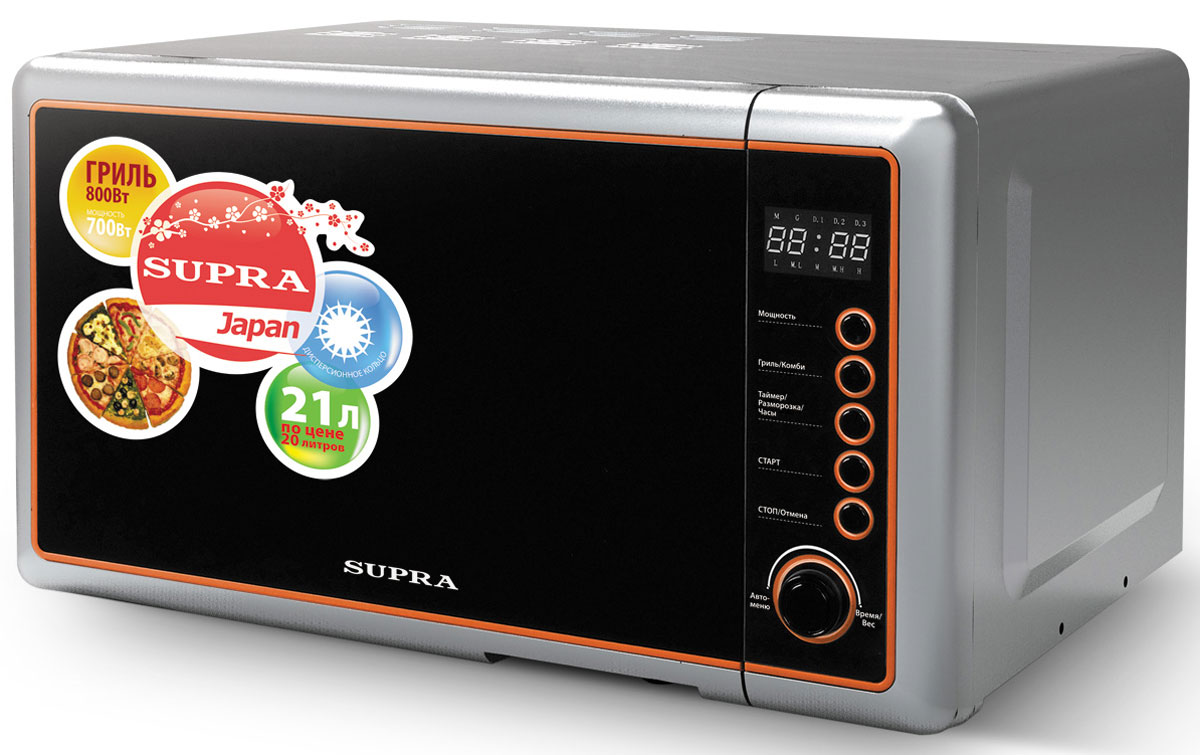 Supra MW-G2119TS СВЧ-печьMW-G2119TS Supra MW-G2119TS СВЧ-печьMW-G2119TSМикроволновая печь Supra MW-G2119TS предназначена для быстрого приготовления или быстрого подогрева пищи, а также для размораживания продуктов. Supra MW-G2119TS с пятью режимами мощности проста в использовании, оснащена восемью автоматическими программами, режимом разогрева блюд одним касанием, режимом разморозки и звуковым сигналом об окончании приготовления. Управление электронное. Компактная микроволновая печь со стильным дизайном отличается высоким качеством сборки, прочностью и надежностью, станет неизменным атрибутом на вашей кухни.