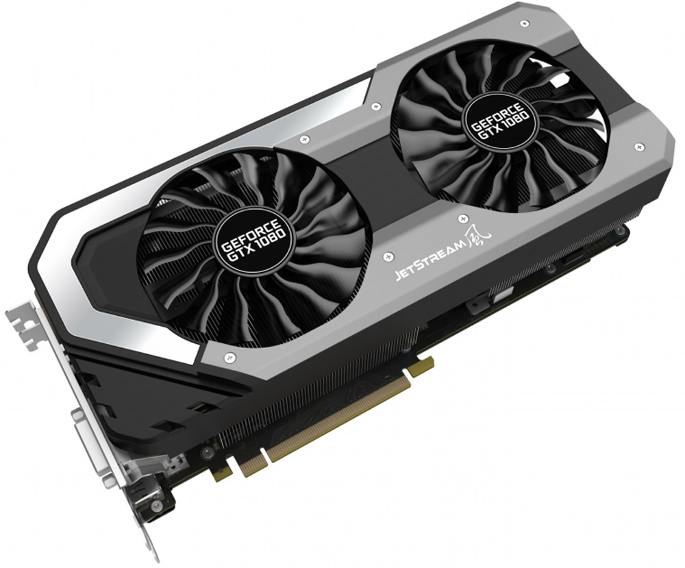 Palit GeForce GTX 1080 JetStream 8GB видеокартаNEB1080015P2-1040J Palit GeForce GTX 1080 JetStream 8GB видеокартаNEB1080015P2-1040JРеволюционная видеокарта Palit Jetstream отличается улучшенным охлаждением и оптимизированным дизайном для незабываемых впечатлений от игры. Palit GeForce GTX 1080 JetStream – новейшее и последнее на сегодняшний день поколение видеокарт, построенных на архитектуре NVIDIA Pascal. Этот графический адаптер гарантирует высочайшую производительность и ни с чем несравнимые впечатления от игры.Видеокарта оснащена RGB-подсветкой. Ее цвет может изменяться в зависимости от температуры видеокарты, что позволяет определить температуру и нагрузку по внешнему виду. Поддержка 16.8 миллионов цветов предоставляет возможность индивидуальной настройки каждому пользователю в соответствии с личными предпочтениями.В новых кулерах JetStream площадь радиатора увеличилась на 15%. Широкая медная основа соприкасается с графическим процессором и тепловыми трубками, обеспечивая лучшую производительность.Наслаждайтесь тишиной во время работы или просмотра видео. Вентиляторы видеокарты включаются только при увеличении нагрузки, например, в играх, если температура графического процессора карты превышает 50 градусов.Конструкция с двумя вентиляторами удваивает производительность системы охлаждения, а пара умных вентиляторов диаметром 100 мм эффективно отводит тепло от горячих точек видеокарты. Основанные на технологиях реактивных двигателей, вентиляторы TurboFan Blade увеличивают мощность кулера, генерируя мощный воздушный поток и высокое давление.Уникальный дизайн системы питания с 8 фазами снижает максимальную нагрузку на каждую фазу, стабилизируя напряжение и улучшая разгонный потенциал. Благодаря ему на видеокарту можно подать на 30% больше тока.Благодаря наличию разъемов DisplayPort и HDMI, видеокарты серии Palit позволяют подключать сразу два монитора с разрешением 4K и наслаждаться просто невероятным качеством изображения.Два вентилятора Smart Fan диаметром 100 мм имеют противоположные направления вращения для снижения взаимного влияния воздушных потоков и увеличения эффективности системы охлаждения.DrMOS, ранее доступная только на высокоуровневых серверных платформах, теперь используется и в новом поколении видеокарт Palit. DrMOS обеспечивает низкую шумность и эффективное снижение тепловыделения в тяжело нагруженных цепях питания.