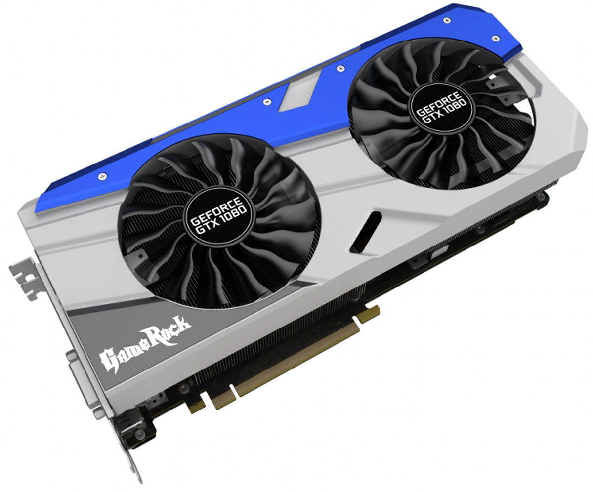 Palit GeForce GTX 1080 GameRock 8GB видеокартаNEB1080T15P2-1040G Palit GeForce GTX 1080 GameRock 8GB видеокартаNEB1080T15P2-1040GНовая игровая видеокарта Palit GeForce GTX 1080 GameRock создана для требовательных игроков, предпочитающих максимальные графические настройки. В этой видеокарте используются лучшие игровые технологии, максимально эффективная система охлаждения и высококачественные компоненты. С GameRock каждый пользователь может стать игровой рок-звездой.Видеокарта оснащена RGB-подсветкой. Ее цвет может изменяться в зависимости от температуры видеокарты, что позволяет определить температуру и нагрузку по внешнему виду. Поддержка 16.8 миллионов цветов предоставляет возможность индивидуальной настройки каждому пользователю в соответствии с личными предпочтениями.Стильная металлическая пластина на обратной стороне обеспечивает защиту от механических повреждений. Уникальный внешний вид позволяет каждому геймеру визуально оценить высокое качество видеокарт серии GameRock.В разработанной для серии GameRock системе охлаждения на 22% увеличены площадь радиатора и количество пластин. Медное основание напрямую соприкасается с поверхностью графического процессора и тепловыми трубками, что обеспечивает увеличение эффективности охлаждения по сравнению с предыдущей конструкцией.8 фаз обеспечивают запас электропитания для 2560 ядер графического процессора, уменьшение нагрузки на каждую из фаз улучшает стабилизацию напряжения и эффективность подсистемы питания в целом, снижает уровень электромагнитных помех и уменьшает шум дросселей.Две версии BIOS с автоматической активацией защитного механизма обеспечивают нормальное функционирование видеокарты при системном сбое или некорректной прошивке.Конструкция крепёжной панели с ячейками в виде сот увеличивает отводимый от графического процессора воздушный поток на 15%, что улучшает общую эффективность системы охлаждения.Наслаждайтесь тишиной во время работы или просмотра видео. Вентиляторы видеокарты включаются только при увеличении нагрузки, например, в играх, если температура графического процессора карты превышает 50 градусов.Конструкция с двумя вентиляторами удваивает производительность системы охлаждения, а пара умных вентиляторов диаметром 100 мм эффективно отводит тепло от горячих точек видеокарты. Основанные на технологиях реактивных двигателей, вентиляторы TurboFan Blade увеличивают мощность кулера, генерируя мощный воздушный поток и высокое давление. Вентиляторы имеют противоположные направления вращения для снижения взаимного влияния воздушных потоков и увеличения эффективности системы охлаждения.Благодаря наличию разъемов DisplayPort и HDMI, видеокарты серии Palit позволяют подключать сразу два монитора с разрешением 4K и наслаждаться просто невероятным качеством изображения.DrMOS, ранее доступная только на высокоуровневых серверных платформах, теперь используется и в новом поколении видеокарт Palit. DrMOS обеспечивает низкую шумность и эффективное снижение тепловыделения в тяжело нагруженных цепях питания.