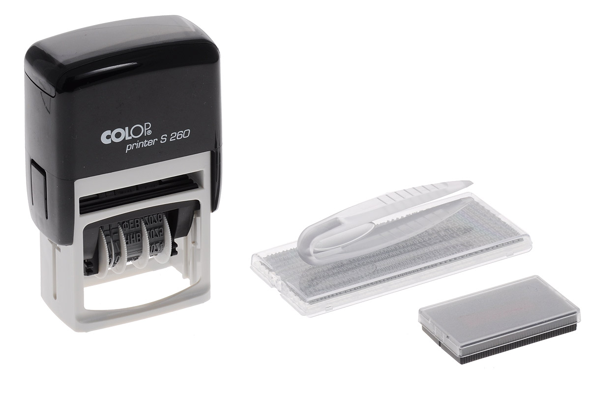 Colop Датер самонаборный двухстрочный Printer S 260-SetPrinter S 260-Set Colop Датер самонаборный двухстрочный Printer S 260-SetPrinter S 260-SetДатер самонаборный двухстрочный Colop Printer S 260-Set имеет надежный пластиковый корпус с автоматическим окрашиванием текста. Подходит для работы в бухгалтерии, на складе, в банке.Рифленая пластина для набора текста расположена вокруг даты. Рассчитан на 12 лет, включая текущий год. Месяц указывается прописью.