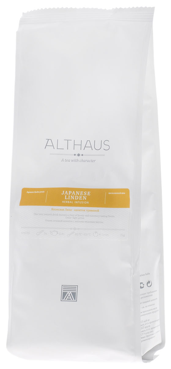 Althaus Japanese Linden травяной листовой чай, 75 гTALTHG-L00069 Althaus Japanese Linden травяной листовой чай, 75 гTALTHG-L00069Althaus Японская Липа — необычно нежный напиток из листочков и соцветий липы со сладковатым медовым вкусом и летним ароматом.Липу неслучайно называют медовым деревом, она действительно дает один из самых ценных сортов меда. Японская липа отличается от других разновидностей особо обильным цветением, оно наступает достаточно поздно и продолжается около двух недель. Пышное цветение липы — удивительное зрелище: вся древесная крона становится золотисто-солнечной, словно бы облитой медовым нектаром.Душистый и пьянящий липовый цвет раскрывается в прозрачном настое с многогранным, полным букетом и легким вяжущим оттенком. В этой композиции медово-древесная нота гармонично сочетается со сладким и теплым запахом цветущего луга и цветочной пыльцы.Липа, богатая ценными эфирными маслами, известна своими согревающими свойствами, она полезна для здоровья и обладает общеукрепляющим эффектом. Настой из липового цвета издавна использовался в народной медицине.Японскую Липу можно заваривать отдельно, пить с медом или использовать в качестве добавки к другим чаям. Горячий липовый чай позволит расслабиться после тяжелого трудового дня и быстро поможет при простуде. Температура воды: 85-100 °СВремя заваривания: 4-5 минЦвет в чашке: светлый кремовый