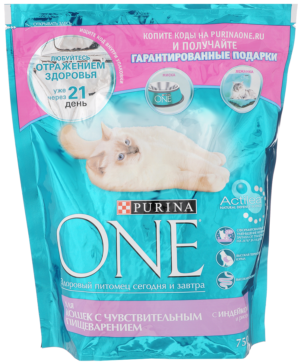 Корм сухой Purina One для кошек с чувствительным пищеварением, с индейкой и рисом, 750 г12266666 Корм сухой Purina One для кошек с чувствительным пищеварением, с индейкой и рисом, 750 г12266666Сухой корм Purina One разработан с учетом всех требований к рациону кошек, которые страдают от расстройств пищеварительной системы. Продукт содержит индейку и рис как основные компоненты состава, чтобы избежать любых проявлений аллергии. Сухой корм Purina One обеспечивает:- сформированный стул и уменьшение неприятного запаха от туалетного лотка на 24% за 14 дней, благодаря наличию натуральной клетчатки,- высокую переносимость корма, благодаря ограниченному количеству белка,- легкую усвояемость, благодаря ингредиентам высокого качества,- хороший аппетит, благодаря ингредиентам с высокими вкусовыми качествами,- здоровую кожа и блестящую шерсть, благодаря жирным кислотам Омега 6 и цинку.Товар сертифицирован.