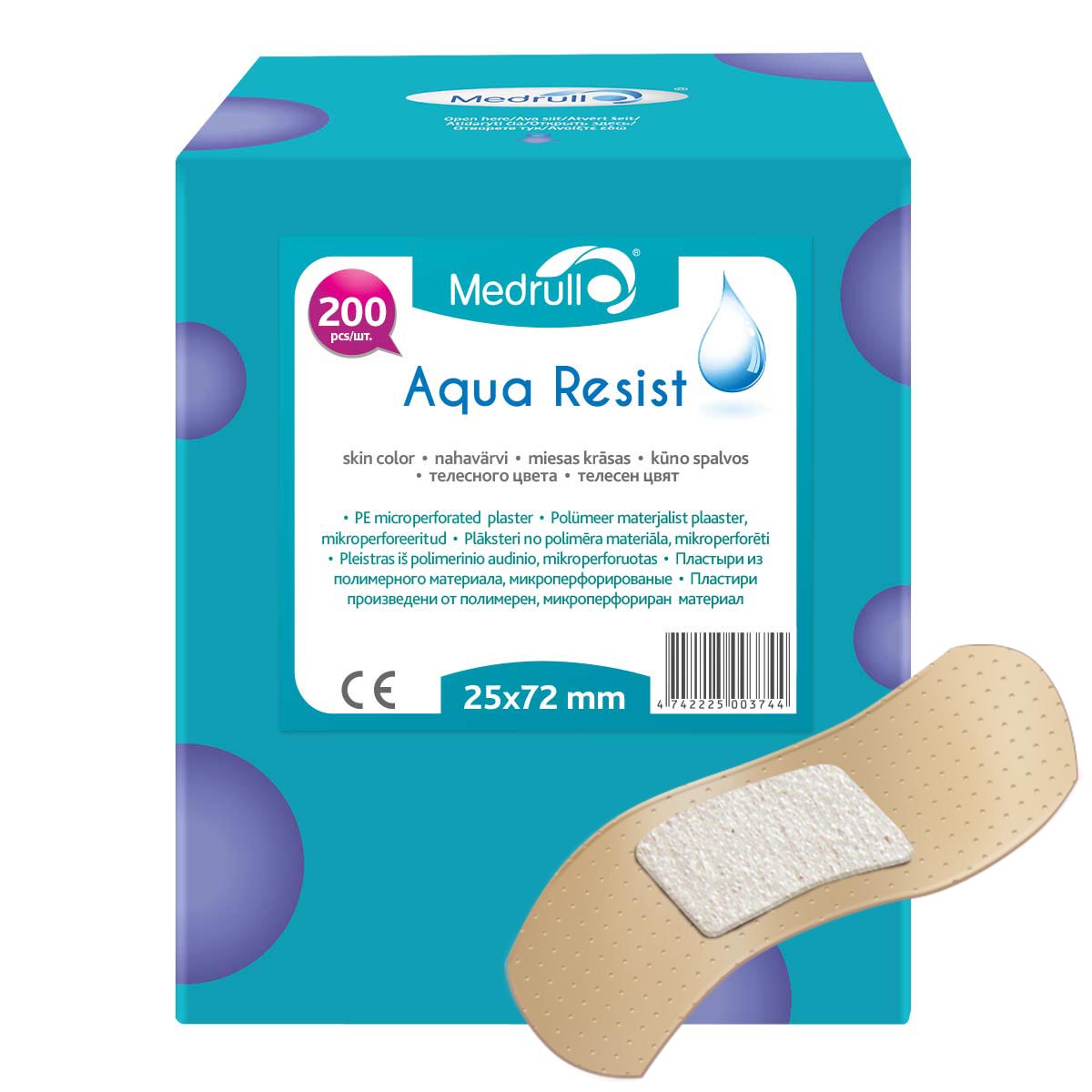 Medrull Набор пластырей Aqua Resist, 2,5х7,2 см, №2004742225003744 Medrull Набор пластырей Aqua Resist, 2,5х7,2 см, №2004742225003744Универсальные пластыри удобно и легко защитят рану от попадания влаги и грязи. Изготовлены из тонкого, перфорированного, полимерного материала, благодаря перфорации не препятствуют доступу воздуха к коже. Свойства пластыря: водонепроницаемые, грязенепроницаемые, гипоаллергенные, эластичные, дышащие, плотно прилегающие. Абсорбирующая подушечка изготовлена из вискозы и обладает высокой впитываемостью. Верхняя часть подушечки обработана полипропиленом, что защищает от вероятности прилипания пластыря к поврежденной поверхности кожи.