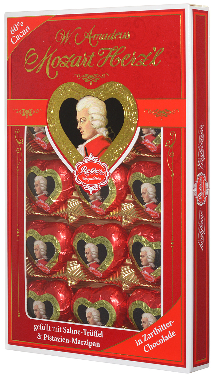 Reber Mozart Herz‘l шоколадные конфеты, 150 г1410108 Reber Mozart Herz‘l шоколадные конфеты, 150 г1410108Mozart Herzl - великолепные конфеты, выполненные в форме сердечка. Состоят из зеленых фисташковых орехов расположенных в нежном сливочном трюфеле, а сверху покрыты отличным горьким шоколадом.