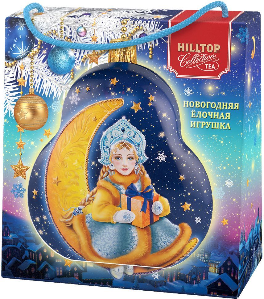 Hilltop Елочная игрушка Снегурочка Волшебная луна ароматизированный листовой чай, 50 г (в футляре)4607099307179 Hilltop Елочная игрушка Снегурочка Волшебная луна ароматизированный листовой чай, 50 г (в футляре)4607099307179Hilltop Волшебная луна - смесь черного и зеленого чая с лепестками календулы, розы, плодами шиповника, цукатами из папайи и абрикоса. Поставляется в подарочной упаковкев форме елочной игрушки. Отлично подойдет в качестве подарка на новогодние праздники.