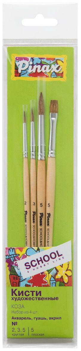 Pinax Набор кистей из волоса козы School & Hobby 4 шт149994 Pinax Набор кистей из волоса козы School & Hobby 4 шт149994Кисти из набора Pinax chool & Hobby идеально подойдут для работы с акварелью, гуашью, акриловыми красками и прочими искусственными эмульсиями.бор входят кисти из волоса козы круглые №2, №3 и №5, плоская №5. Деревянные ручки из березы покрыты матовым лаком и оснащены алюминиевыми втулками с двойным обжимом.