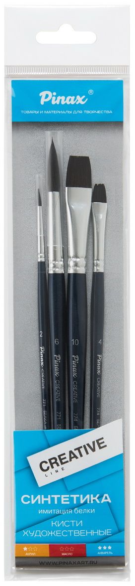 Pinax Набор кистей синтетических Creative Line 4 шт259994 Pinax Набор кистей синтетических Creative Line 4 шт259994Кисти из набора Pinax Creative Line идеально подойдут для художественных и декоративно-оформительских работ.В набор входят круглые кисти №2, №6, плоские №4, №10.Кисти изготовлены из японской синтетики, имитирующей волос белки.Очень мягкий, заостренный на концах волос идеален для акварельной живописи благодаря способности хорошо удерживать и отдавать воду.При этом, кисть из синтетики служит значительно дольше натурального волоса.Деревянные короткие ручки кистей покрыты полупрозрачным цветным лаком, втулки алюминиевые с двойной обжимкой.