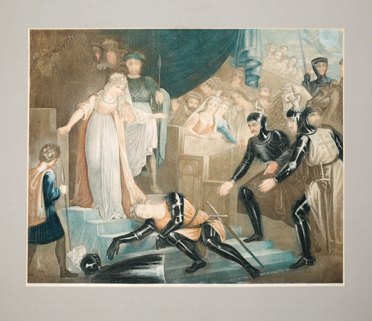 Дама в костюме рыцаря на поединке. Цветная акватинта. Западная Европа, 1830-е гг.
