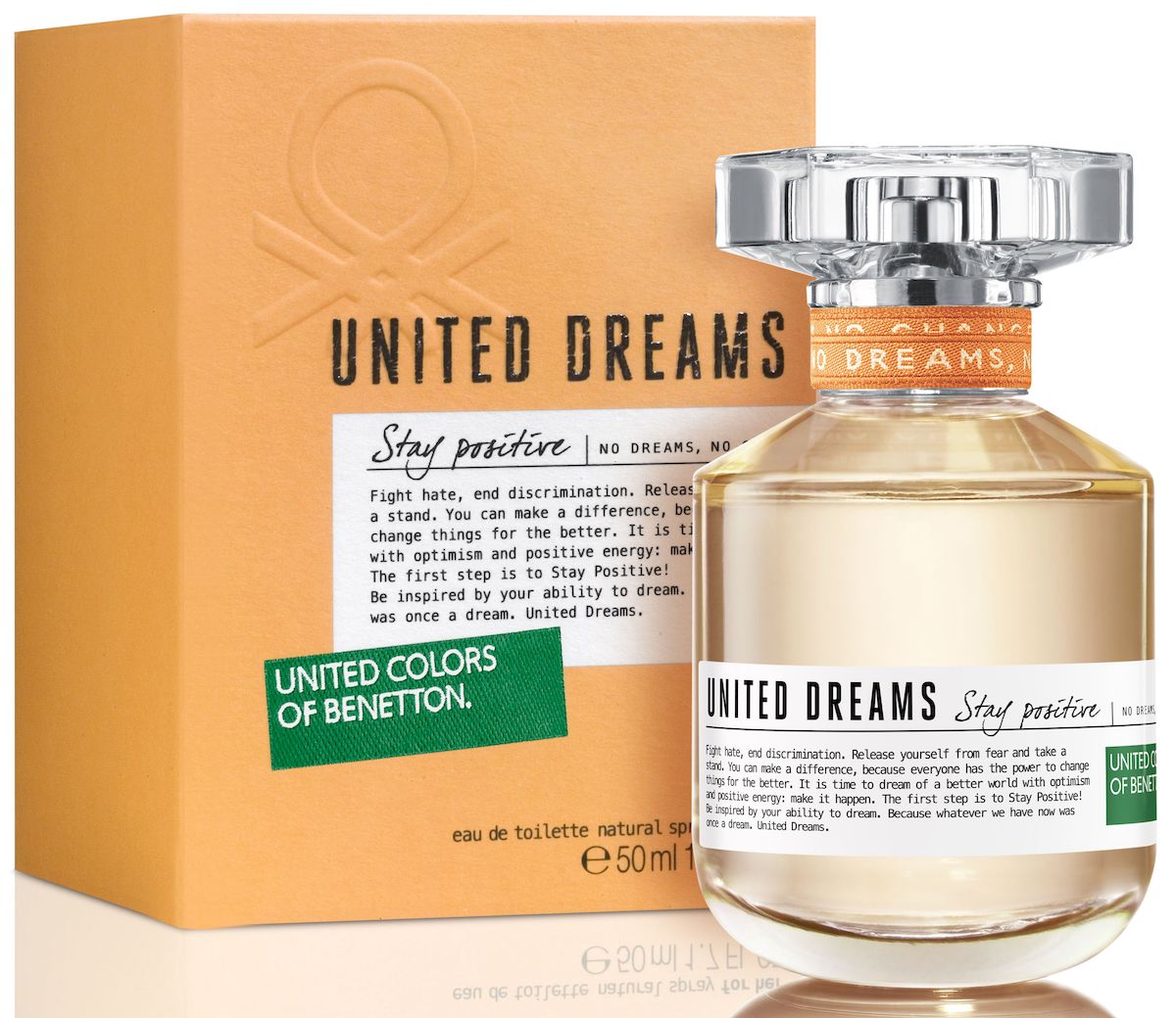 Benetton UD Stay Positive Туалетная вода, женская, 50 мл65092897 Benetton UD Stay Positive Туалетная вода, женская, 50 мл65092897Настал момент сделать мир лучше. А первый шаг на пути к нашей цели – быть позитивным. Яркий аромат, наполненный жизненной энергией и позитивом.Верхняя нота: Итальянский бергамот, листья цитрусовых деревьевСредняя нота: Флердоранж, Нероли, аккорд Белых цветовШлейф: Экзотические фрукты и цветы - для позитивного настроенияНанести на кожу, избегая попадания в глаза.