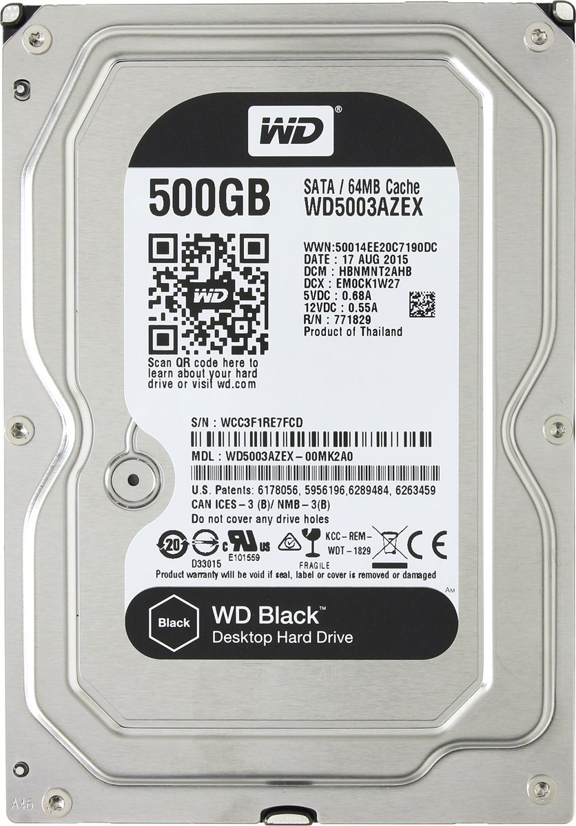 WD Black 500 GB внутренний жесткий диск (WD5003AZEX)WD5003AZEX WD Black 500 GB внутренний жесткий диск (WD5003AZEX)WD5003AZEXНакопители WD Black предназначены для настольных ПК и рассчитаны на опытных пользователей, которым нужно высокое быстродействие. Накопители WD Black станут незаменимыми помощниками для каждого творческого человека — фотографа, режиссера видеомонтажа, художника компьютерной графики или пользователя, желающего создать собственную систему. Благодаря беспрецедентному быстродействию они прекрасно подходят для хранения больших мультимедийных файлов (фотоснимков, видео или приложений). Эти жесткие диски специально для ресурсоемких задач и превосходно подходят для игр. Они такие емкие, что на них с легкостью поместится вся игровая библиотека и даже останется место для ее пополнения. Этот накопитель обеспечит вашему игровому ПК достаточно емкости для загрузки дополнительного игрового контента и максимальное быстродействие за счет твердотельного компонента, так что у вас еще не скоро возникнет потребность в его модернизации. На каждый диск WD Black предоставляется 5-летняя ограниченная гарантия с лучшими в отрасли условиями. По сравнению с другими жесткими дисками накопители WD Black проходят более тщательные и строгие внутренние испытания в течение более длительного периода времени.Поскольку в накопителе WD Black применяется двухъядерный процессор, его вычислительная мощность вдвое больше, чем у моделей со стандартным одноядерным процессором. Это обеспечивает максимальное быстродействие, что особенно важно при загрузке игр и больших мультимедийных файлов.Буфер HDD: 64 МбМаксимальные перегрузки: 30G длительностью 2 мс при работе (чтение), 65G длительностью 2 мс при чтении/записи; 350G длительностью 2 мс в выключенном состоянии