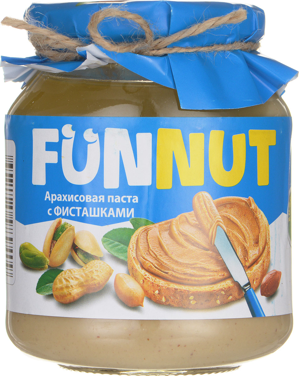 Funnut арахисовая паста с фисташками, 340 г4607125989409 Funnut арахисовая паста с фисташками, 340 г4607125989409Арахисовая паста Funnut подходит тем, кто следит за своим здоровьем. Паста производится по уникальной рецептуре. Секрет ее вкуса заключается в натуральности всех ингредиентов, отсутствием в составе холестерина, транс-жиров и вредных насыщенных жиров. Вся продукция прошла лабораторные и бактериологические исследования.