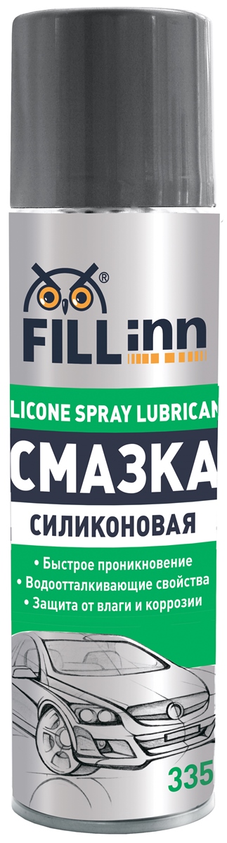 Смазка автомобильная Fill Inn, аэрозоль, силиконовая, 335 млFL025 Смазка автомобильная Fill Inn, аэрозоль, силиконовая, 335 млFL025Бережно смазывает трущиеся части механизмов, резиновые уплотнители, провода, клеммы аккумулятора. Устраняет неприятные скрипы. Профессиональная концентрированная формула продукта, в состав которой включен растворитель, быстро проникает под загрязнения и образует на поверхности сплошной полимерный слой силикона. Благодаря этому, средство придает поверхности водоотталкивающие свойства в широком интервале рабочих температур. Не вымывается водой. Помогает избежать примерзания и растрескивания резиновых уплотнителей дверей, капота и багажника в условиях отрицательных температур. Предотвращает замерзание замков. Надежно предохраняет систему зажигания от попадания воды.Прекрасно подходит для металлических, виниловых, кожаных, резиновых, пластиковых и деревянных поверхностей, а также для использования в быту для смазки замков, петель, деталей колясок и велосипедов.