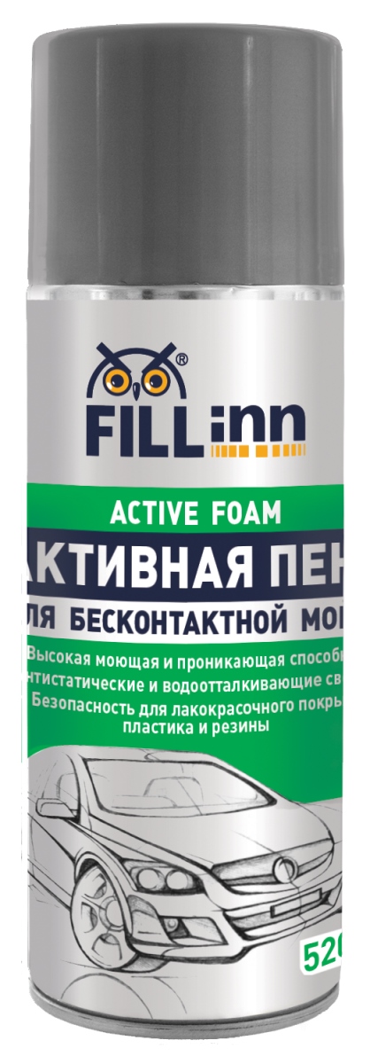 Пена активная Fill Inn, аэрозоль, 520 млFL029 Пена активная Fill Inn, аэрозоль, 520 млFL029Бережно и эффективно удаляет все виды загрязнений с наружной поверхности автомобиля: битумные пятна, смолу, следы от насекомых, дорожную пыль, копоть и грязь за счет уникального комплекса НПАВ (неионогенных поверхностно-активных веществ). Создает стойкую обильную пену, которая легко смывается с поверхности. Сохраняет блеск лакокрасочного покрытия автомобиля и защищает его от вредного воздействия окружающей среды. Идеально подходит для мойки автомобилей, эксплуатирующихся зимой в городских условиях. Имеет приятный аромат зеленого яблока. Упаковка в аэрозольном баллоне позволяет быстро и удобно нанести состав на кузов без использования пеногенератора и пенокомплекта. Один баллон рассчитан на одну-две мойки легкового автомобиля.