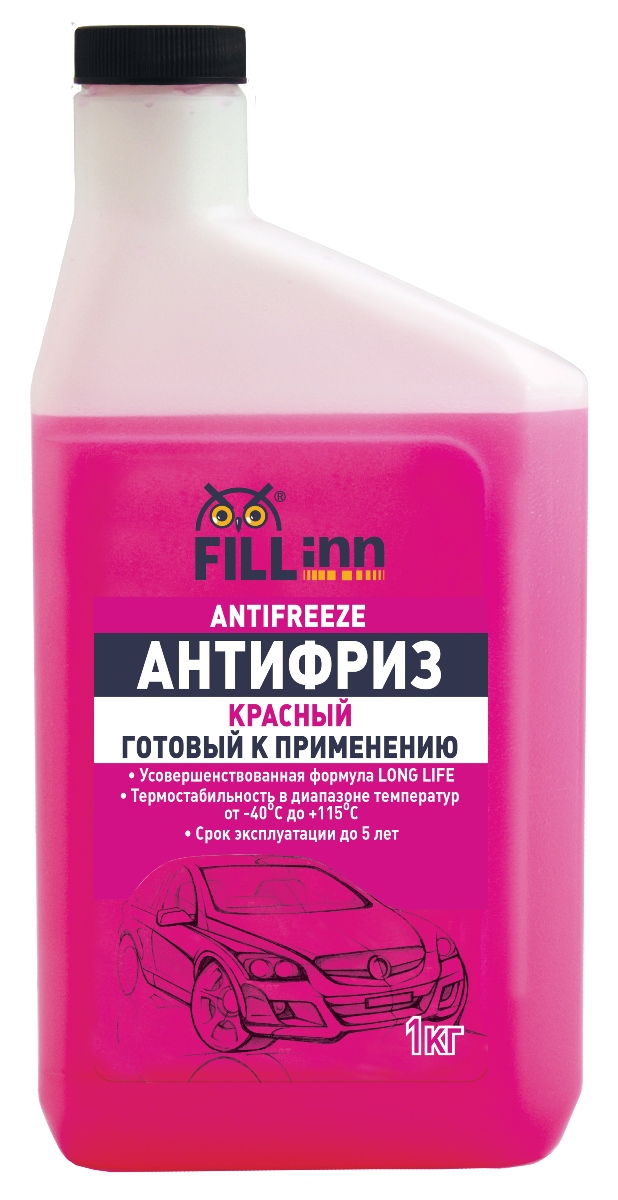 Антифриз Fill Inn, готовый, цвет: красный, 1000 млFL037 Антифриз Fill Inn, готовый, цвет: красный, 1000 млFL037Высококачественная охлаждающая жидкость с отличными эксплуатационными качествами. Антифриз изготовлен по рецептуре Long Life. Антифриз имеет низкое значение щёлочности, что обеспечивает более длительный срок эксплуатации. Обладает термостабильностью в диапазоне от -40С до +115С. Эффект свечения позволяет быстро обнаружить место утечки (под ультрафиолетом). Совместим со всеми современными охлаждающими жидкостями на основе моноэтиленгликоля и органических ингибиторов коррозии, в. т.ч. G12. Соответствует международным стандартам ASTM D 3306, British Standart 6580, JISK 2234, CUNA NC 956-16, AFNOR R-15-601, O NORM V 5123, UNE 25-361, NATO S-759, VW, BMW, Mercedes Benz, Volvo, Ford, GM, FIAT. Отвечает требованиям: АвтоВАЗ ТТМ 1.97.1172-2004, ГОСТ 28084. Срок эксплуатации - 5 лет или 250 000 км пробега.