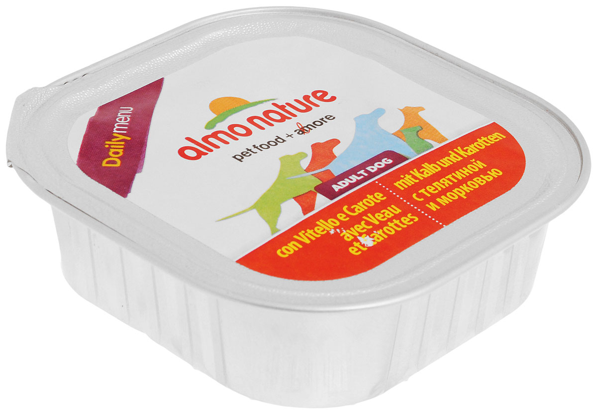 Паштет для собак Almo Nature Daily Menu, с телятиной и морковью, 100 г23244 Паштет для собак Almo Nature Daily Menu, с телятиной и морковью, 100 г23244Паштет для собак Almo Nature Daily Menu изготовлены из отборных, гипоаллергенных и легко усвояемых ингредиентов. Содержат питательные, высококачественные продукты: подлинное мясо свободного выгула - без гормонов и антибиотиков, а также овощи и злаки, произрастающие в экологически чистых условиях без использования пестицидов и химических веществ.Товар сертифицирован.