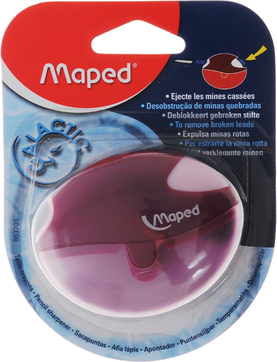 Maped Точилка Galactic цвет сливовый3701_сливовый Maped Точилка Galactic цвет сливовый3701_сливовыйТочилка Maped Galactic - это точилка, изготовленная из пластика, с одним отверстием, контейнером и специальной защитой от сломанного грифеля.Полупрозрачный контейнер для сбора стружки повышенной вместимости позволяет визуально контролировать уровень заполнения и вовремя производить очистку. Это точилка, в которой не застревает грифель. Одно нажатие на кнопку освобождает точилку от сломанного грифеля. Точилка подходит для использования как в школе, так и в офисе.