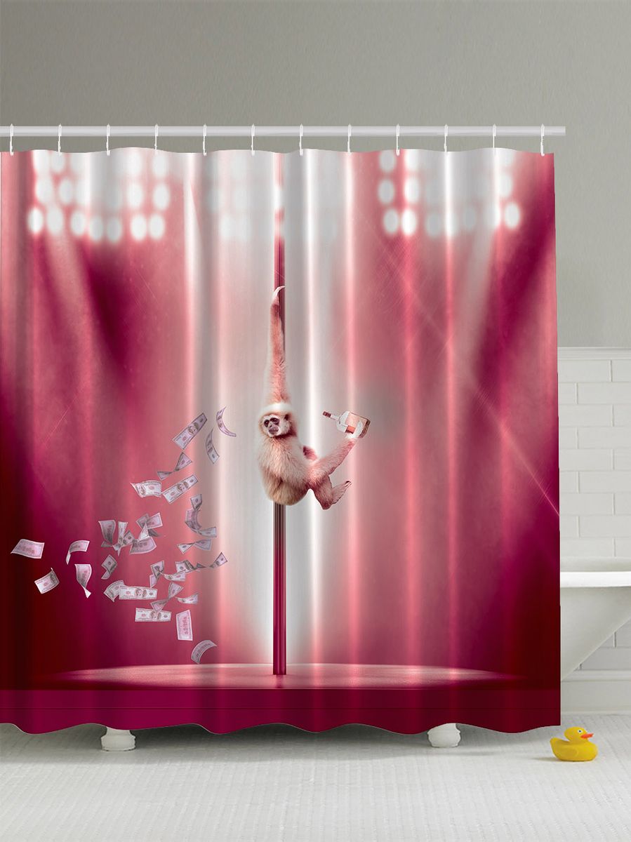 Штора для ванной комнаты Magic Lady Обезьяна, сцена, деньги, алкоголь и шест, 180 х 200 смшв_5279 Штора для ванной комнаты Magic Lady Обезьяна, сцена, деньги, алкоголь и шест, 180 х 200 смшв_5279Штора Magic Lady Обезьяна, сцена, деньги, алкоголь и шест, изготовленная из высококачественного сатена (полиэстер 100%), отлично дополнит любой интерьер ванной комнаты. При изготовлении используются специальные гипоаллергенные чернила для прямой печати по ткани, безопасные для человека.В комплекте: 1 штора, 12 крючков. Обращаем ваше внимание, фактический цвет изделия может незначительно отличаться от представленного на фото.