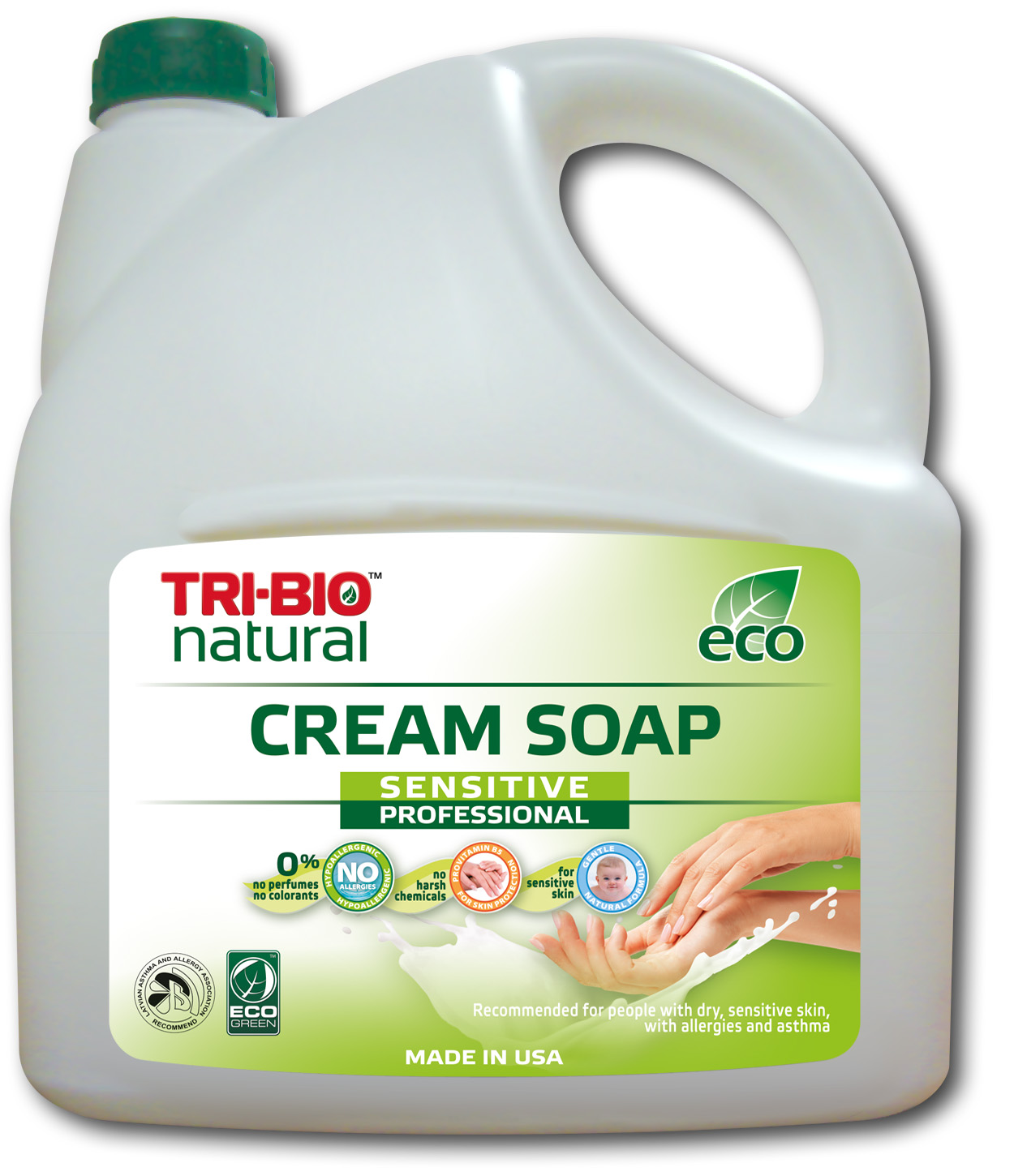 Tri-Bio Натуральное Эко крем-мыло 2,84 л0856922005056 Tri-Bio Натуральное Эко крем-мыло 2,84 л0856922005056Рекомендовано для людей с сухой, чувствительной кожей, склонных к аллергиям и астме.Основано на натуральных растительных и минеральных компонентах, в составе бетаин, пантенол и лактат.Восстанавливает естественный баланс кожи и влажность.Не содержит ароматов, красителей и парабенов.Подходит для нежной кожи детей.Гипоаллергенное, не содержит ароматов, красителей и парабенов, нейтральный рН, биоразлагаемое. Помогает сохранить кожу мягкой, гладкой, шелковистой и здоровой. Присвоены ECO сертификаты.
