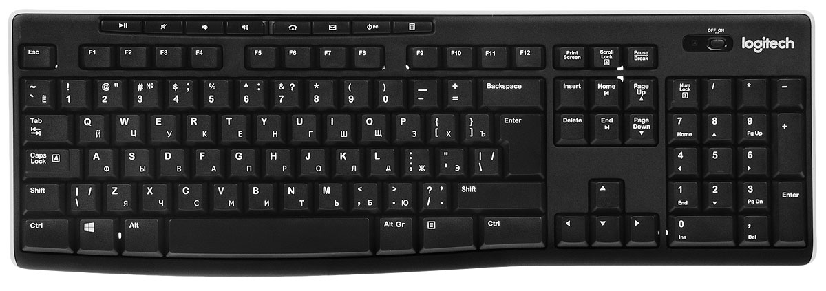 Logitech K270 клавиатура (920-003757)920-003757 Logitech K270 клавиатура (920-003757)920-003757Надежное беспроводное соединение - где бы Вы ни использовали эту клавиатуру - благодаря приемнику Logitech Unifying, к которому можно подключить до шести мышей и клавиатур, совместимых с технологией Unifying.Приемник Logitech Unifying: Миниатюрный беспроводной приемник можно постоянно держать подключенным к ноутбуку. Его не нужно отключать каждый раз, когда вы перемещаетесь на новое место, и клавиатура всегда остается подключенной. Усовершенствованная технология беспроводной связи на частоте 2,4 ГГц: Можно работать и играть где угодно, например на диване, - беспроводная связь позволяет практически исключить какие-либо задержки, сбои и помехи при работе в радиусе до 10 метров. Срок службы батареи - 24 месяца: Вам не придется беспокоиться о замене батарей: срок службы батареи - до 24 месяцев. Функция автоматического переключения в режим ожидания помогает экономить энергию.Восемь функциональных клавиш: Теперь часто используемые команды всегда будут у вас под рукой благодаря восьми функциональным клавишам для быстрого доступа к Интернету, электронной почте, а также функциям воспроизведения, паузы, регулировки громкости и т. д. Технология Plug-and-play: Настройка занимает несколько секунд - достаточно просто вставить беспроводной приемник в USB-порт компьютера и приступить к работе с клавиатурой без какого-либо программного обеспечения.Полноразмерная раскладка: Элегантная клавиатура занимает мало места и удобна в работе благодаря привычной полноразмерной раскладке, включающей цифровую панель, и широкой фигурной клавише пробела. Влагозащищенная клавиатура: Жидкость вытекает из клавиатуры, позволяя не беспокоиться о порче оборудования из-за случайного попадания на него жидкости.Надежность Logitech: Вы оцените высокое качество и надежность, сделавшие компанию Logitech мировым лидером в производстве клавиатур. И все это по доступной цене и с ограниченной гарантией на оборудование 3 года. Надежные клавиши с УФ-покрытием: Специальное покрытие защищает клавиши от износа, и они выглядят как новые на протяжении долгих лет.