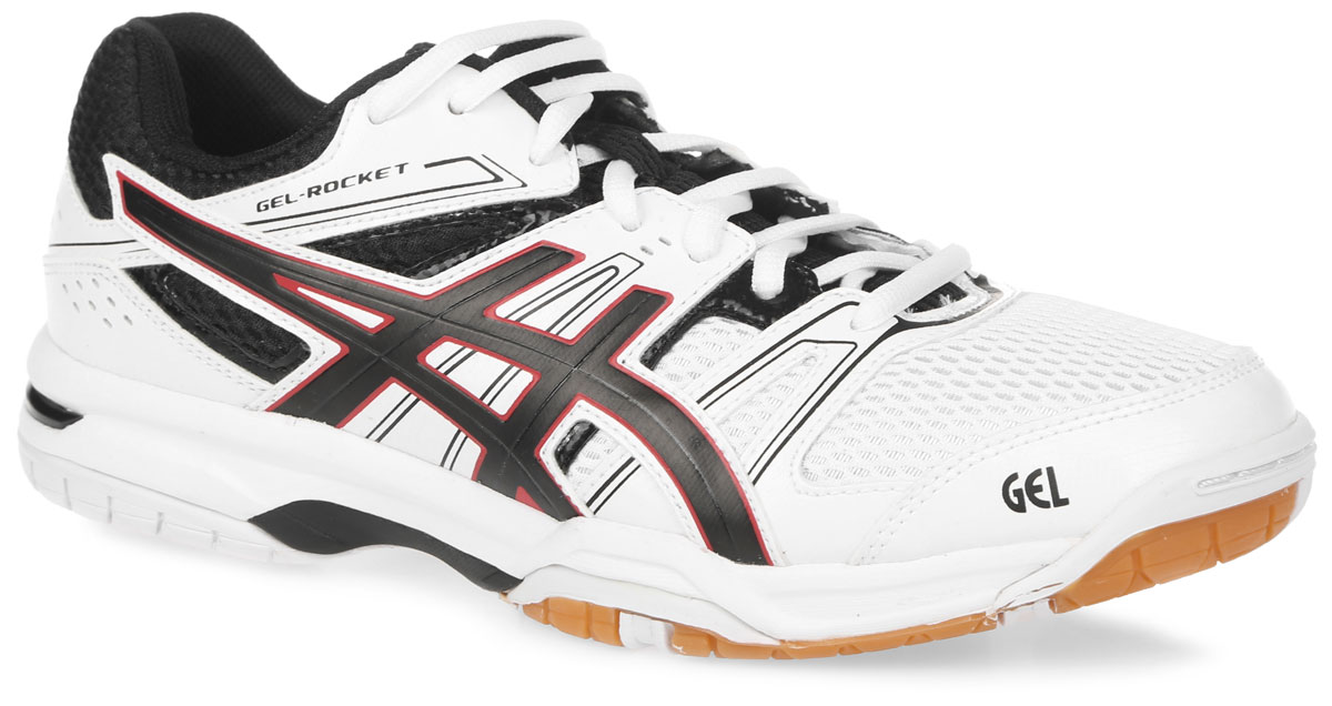 Кроссовки для волейбола мужские Asics Gel-Rocket 7, цвет: белый, черный, красный. B405N-0190. Размер 11 (43,5)B405N-0190 Кроссовки для волейбола мужские Asics Gel-Rocket 7, цвет: белый, черный, красный. B405N-0190. Размер 11 (43,5)B405N-0190Надежные мужские кроссовки для волейбола Gel-Rocket 7 от Asics создают необходимый комфорт и гибкость.Верх модели выполнен из сетчатого нейлона с отделкой из искусственной кожи.Модель с классической системой шнуровки и внутренней отделкой из мягкого текстильного материала. Стелька из EVA с текстильной поверхностью, повторяющая форму стопы, обеспечивает мягкость и комфорт. Кроссовки имеют ударопрочную колодку California. Подошва выполнена из резины повышенной износостойкости AHAR, продлевающей срок службы обуви. Система амортизации Asics Gel (специальный вид силикона) в пятке снижает нагрузку на пятку, колени и позвоночник спортсмена. Литой элемент Trusstic System, расположенный под центральной частью подошвы, предотвращает скручивание стопы. Рифление на подошве гарантирует отличное сцепление с любой поверхностью.