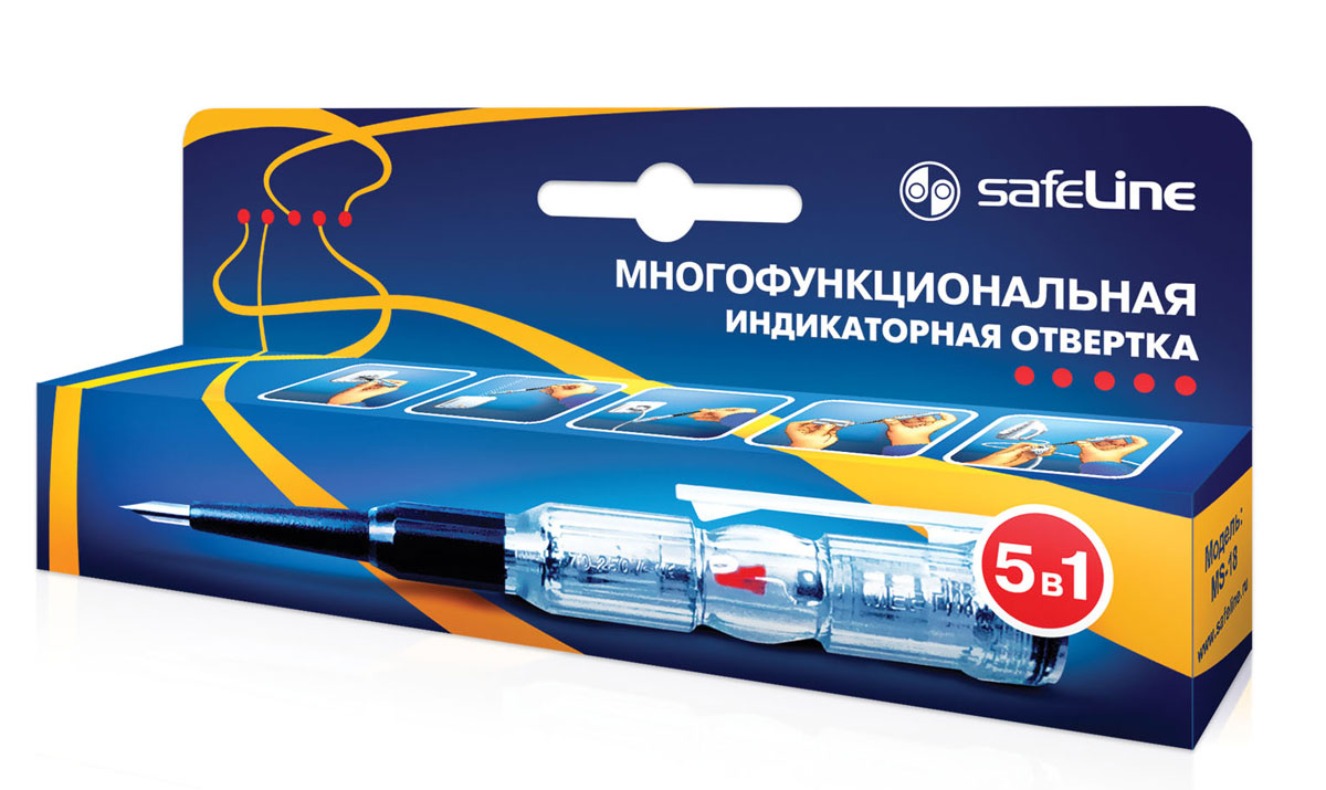 Отвертка индикаторная SafeLine, многофункциональная11692 Отвертка индикаторная SafeLine, многофункциональная11692Многофункциональное устройство 5 в 1: определение «ФАЗА-НОЛЬ» определение переменного напряжения (в т.ч. для скрытой проводки) определение места обрыва кабеля проверка целостности цепи (ПРОЗВОН) определение полярности батареи или аккумулятора