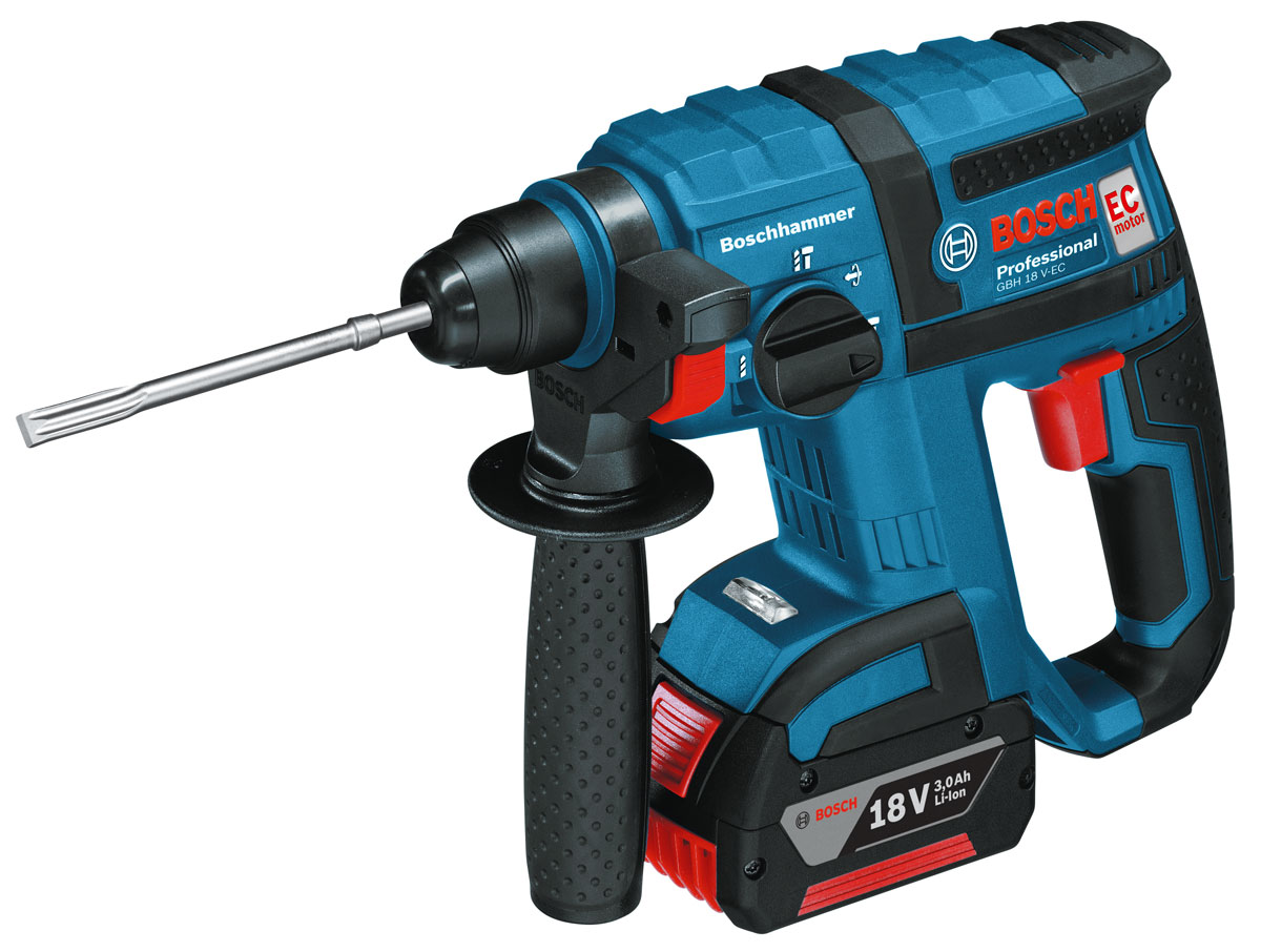 Аккумуляторный перфоратор Bosch GBH 18-V-EC0611904002 Аккумуляторный перфоратор Bosch GBH 18-V-EC0611904002Аккумуляторный перфоратор Bosch GBH 18 V-EC предназначен для долбления бетона и кирпича, а также сверления отверстий. Модель оснащена мощным инновационным бесщеточным двигателем Bosch EC с системой надежной защиты от перегрузки Electronic Motor Protection. Изделие поставляется с двумя вместительным аккумуляторами на 3 А*ч, что позволяет длительное время работать в условиях отсутствия сетей электроснабжения. Имеются три рабочих режима: сверление, сверление с ударом и удар. Инструмент очень выгодно отличается оптимальным соотношением производительность/вес.Комплектация: 2 аккумулятора Li-Ion 18 В, 3 А*ч; быстрозарядное устройство AL 1860 CV; 1/1 вкладыша для кейса L-BOXX под инструмент и зарядное устройство; ограничитель глубины 210 мм; дополнительная рукоятка (2 602 025 141); кейс L-BOXX 136.Характеристики:- тип аккумулятора: Li-lon , - напряжение аккумулятора: 18 В,- время заряда: 35 мин,- наличие быстросменного патрона: нет,- наличие реверса: есть, - тип двигателя: бесщеточный,- тип хвостовика: sds-plus.