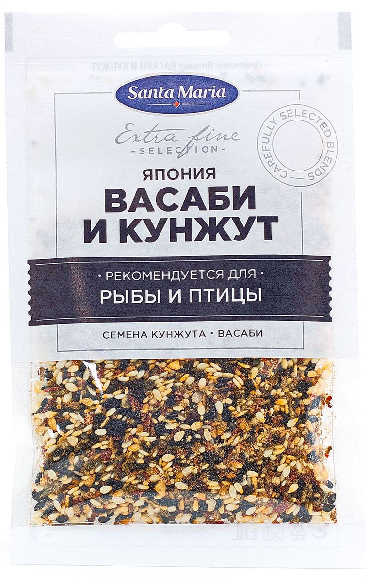 Santa Maria приправа Япония Васаби и кунжут, 22 г100639 Santa Maria приправа Япония Васаби и кунжут, 22 г100639Santa Maria Япония Васаби и кунжут подходит к рыбе, курице и роллам, придает блюду азиатский вкус. Добавляйте в овощные салаты и заправки вместе с соевым соусом и растительным маслом. Если соединить орехи, мед и приправу - получится оригинальная закуска.